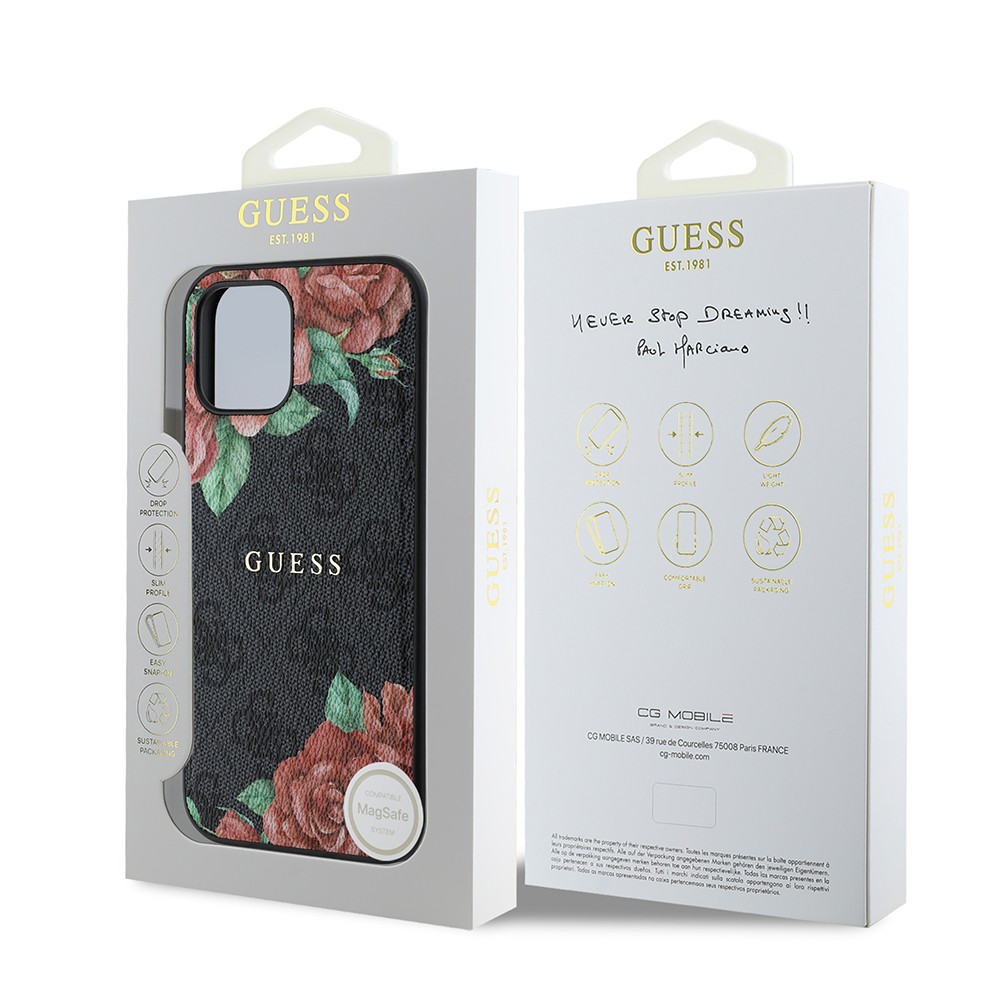 Apple iPhone 12 Pro Kılıf Guess Orjinal Lisanslı M-safe Şarj Özellikli Gül Baskılı 4G Desenli Yazı Logolu Kapak