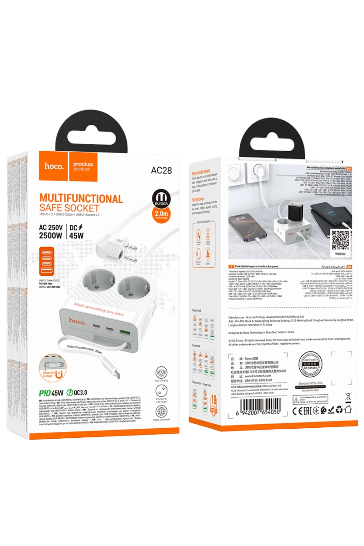 Hoco. AC28 Descanso 6in1 2M 2500W Priz Dönüştürücü