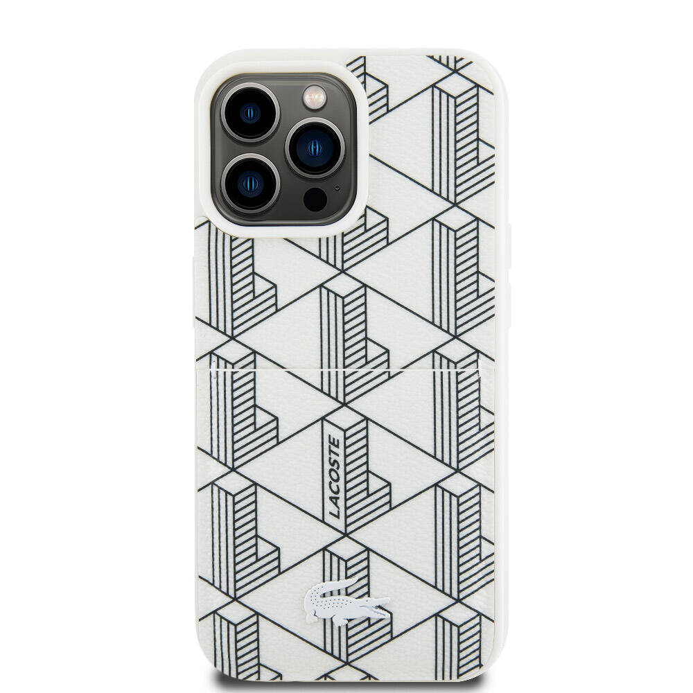 Apple iPhone 15 Pro Max Kılıf Lacoste Orjinal Lisanslı M-safe Şarj Özellikli PU Deri Görünümlü Kartlıklı Karışık Monogram Desenli Kapak