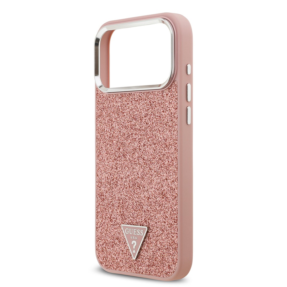 Apple iPhone 17 Pro Max Kılıf Guess Orjinal Lisanslı M-safe Şarj Özellikli Metal Kamera Çerçeveli Üçgen Logolu Glitter Kapak