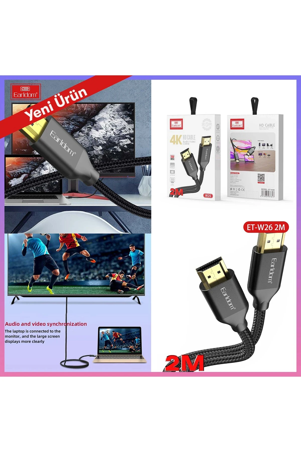 Earldom W26 2m 4K Altın Uçlu Hasır HDMI Kablo