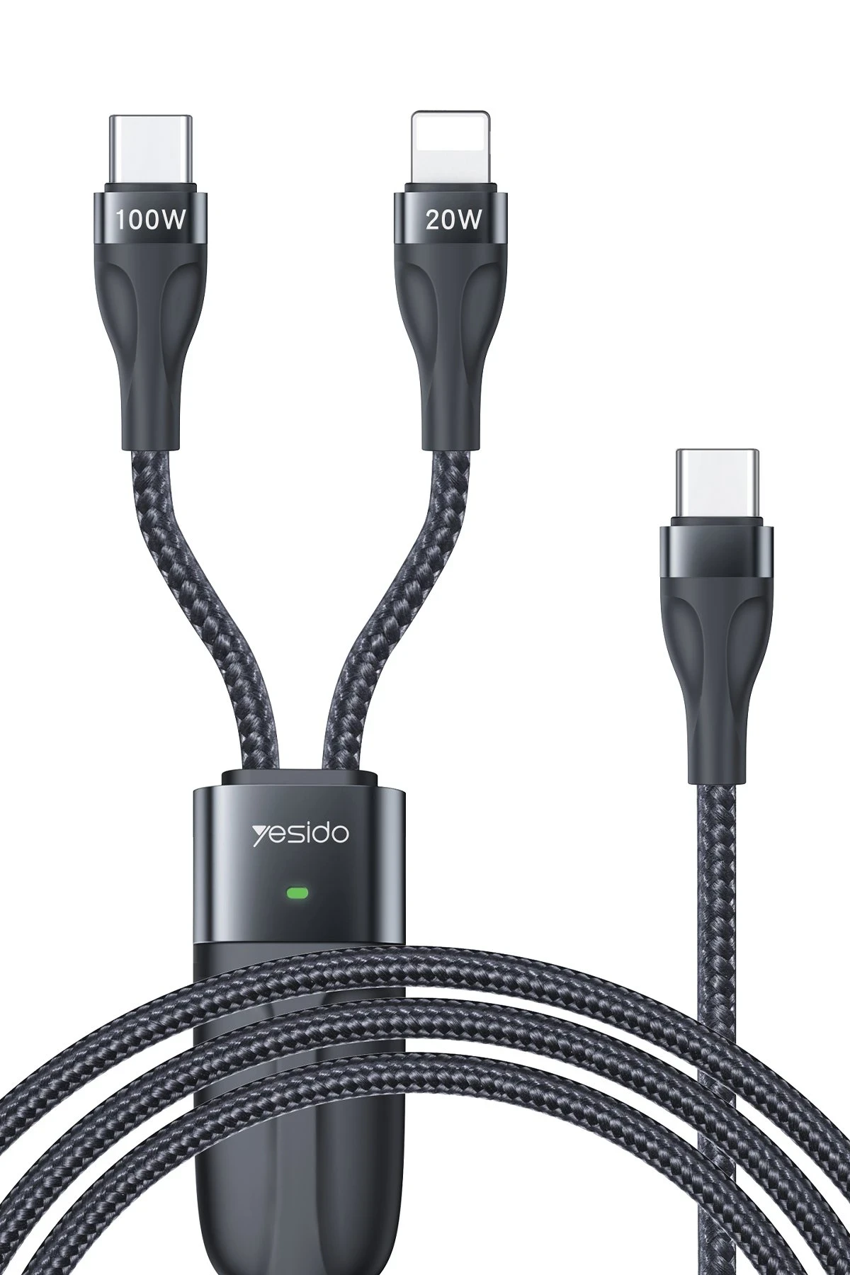 Yesido CA87 1.4M Type-C to 100W Type-C ve 20W Lightning Çift Çıkışlı 2in1 PD Hızlı Şarj Kablosu