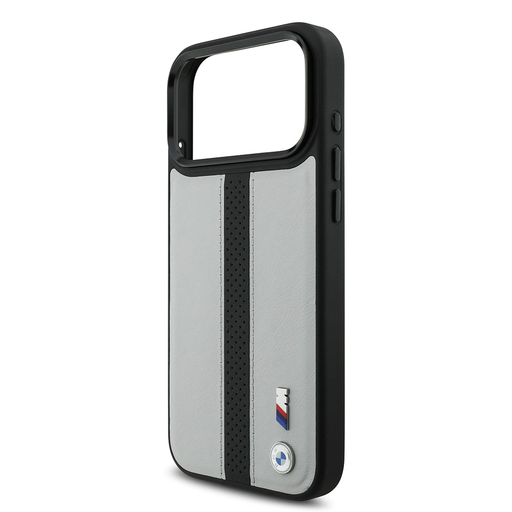 Apple iPhone 17 Pro Max Kılıf BMW Orjinal Lisanslı M-safe Şarj Özellikli Deri Arka Yüzey Metal Logolu Delikli Şerit Tasarımlı Kapak