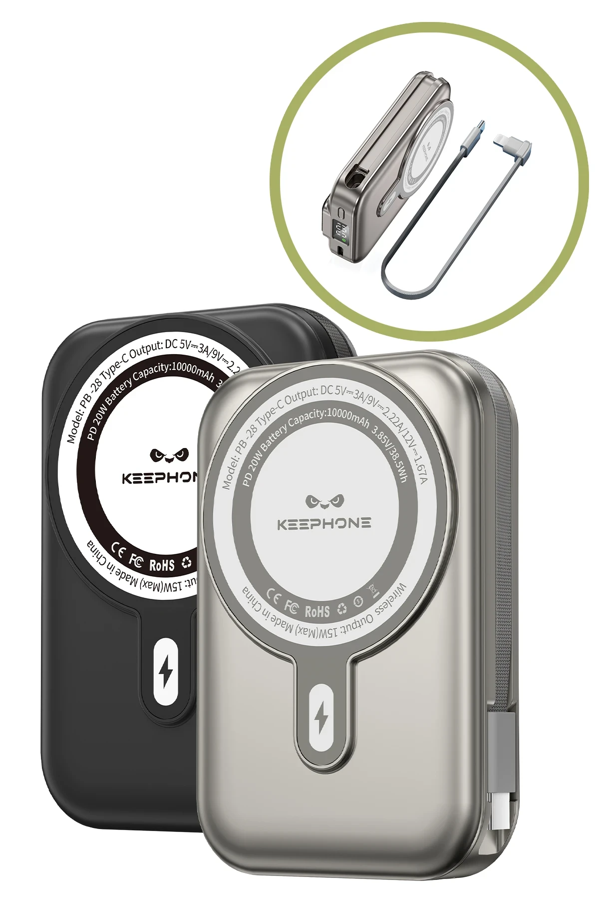 Keephone PB28 Roger 10.000 mAh 20W Type-C 20W Lightning 15W Kablosuz Şarj PD Magsafe Powerbank
