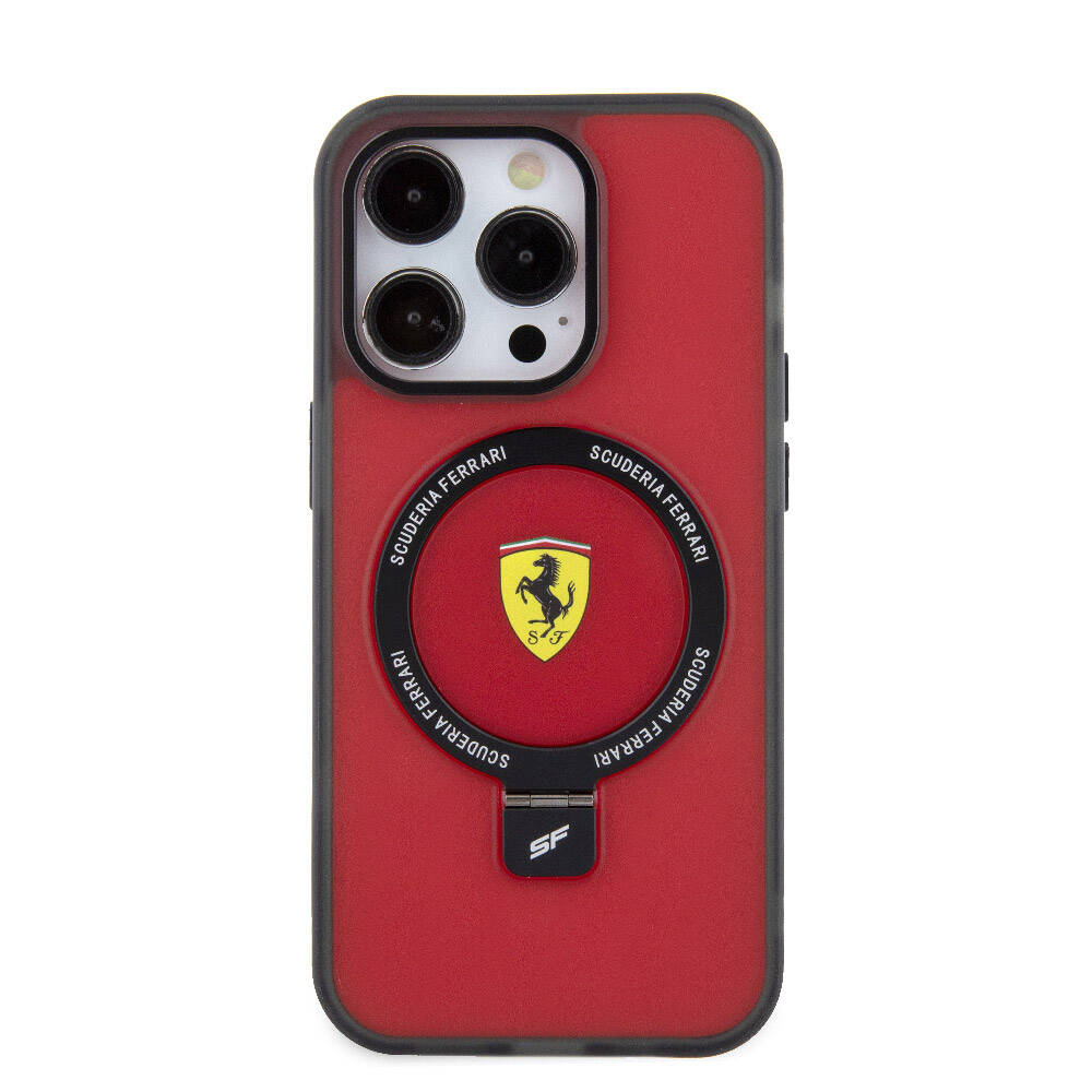 Apple iPhone 15 Pro Max Kılıf Ferrari M-safe Şarj Özellikli Standlı Buzlu Yüzey Dizayn Kapak
