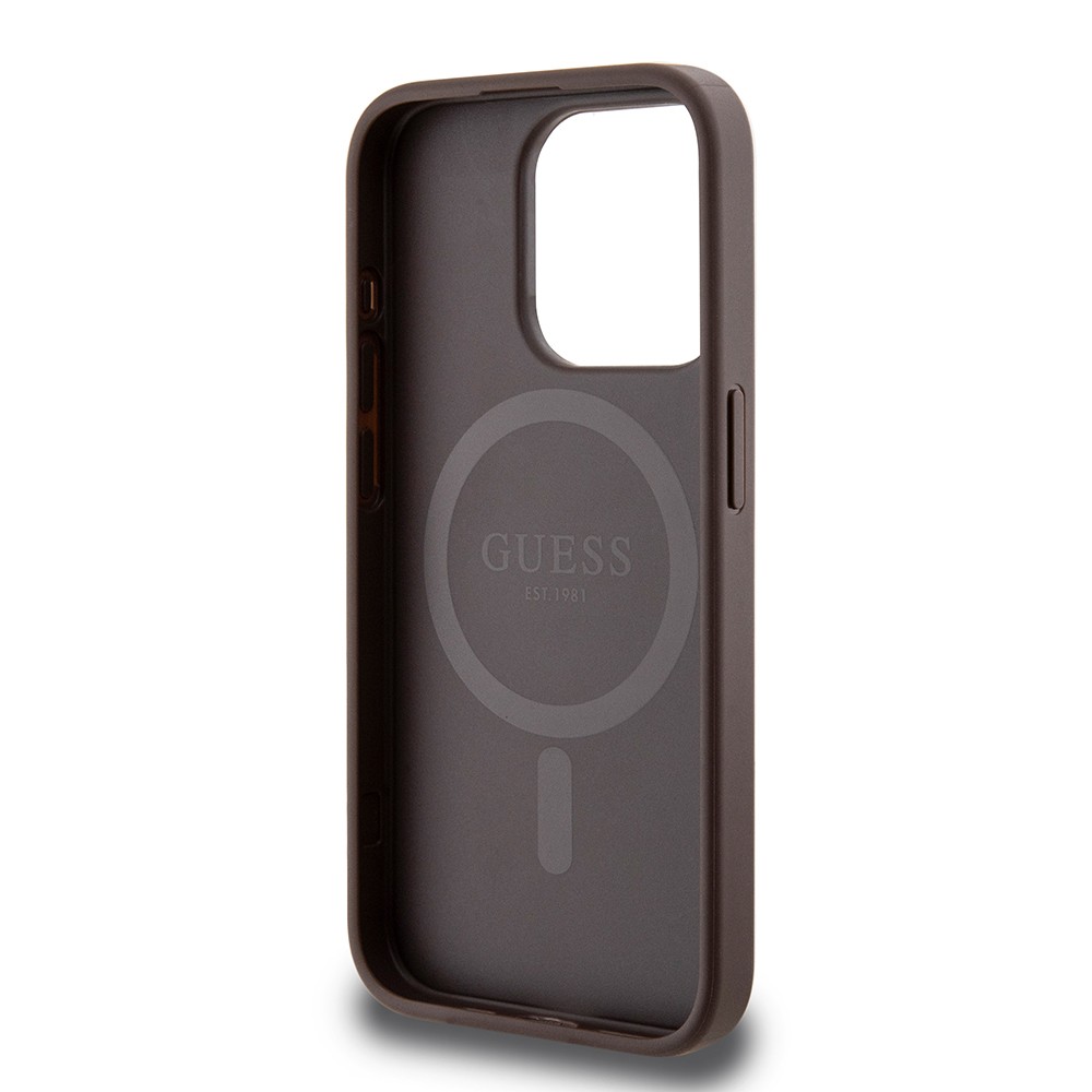 Apple iPhone 15 Pro Max Kılıf Guess Orjinal Lisanslı M-safe Şarj Özellikli PU Üçgen Logo 4G Desenli Kapak
