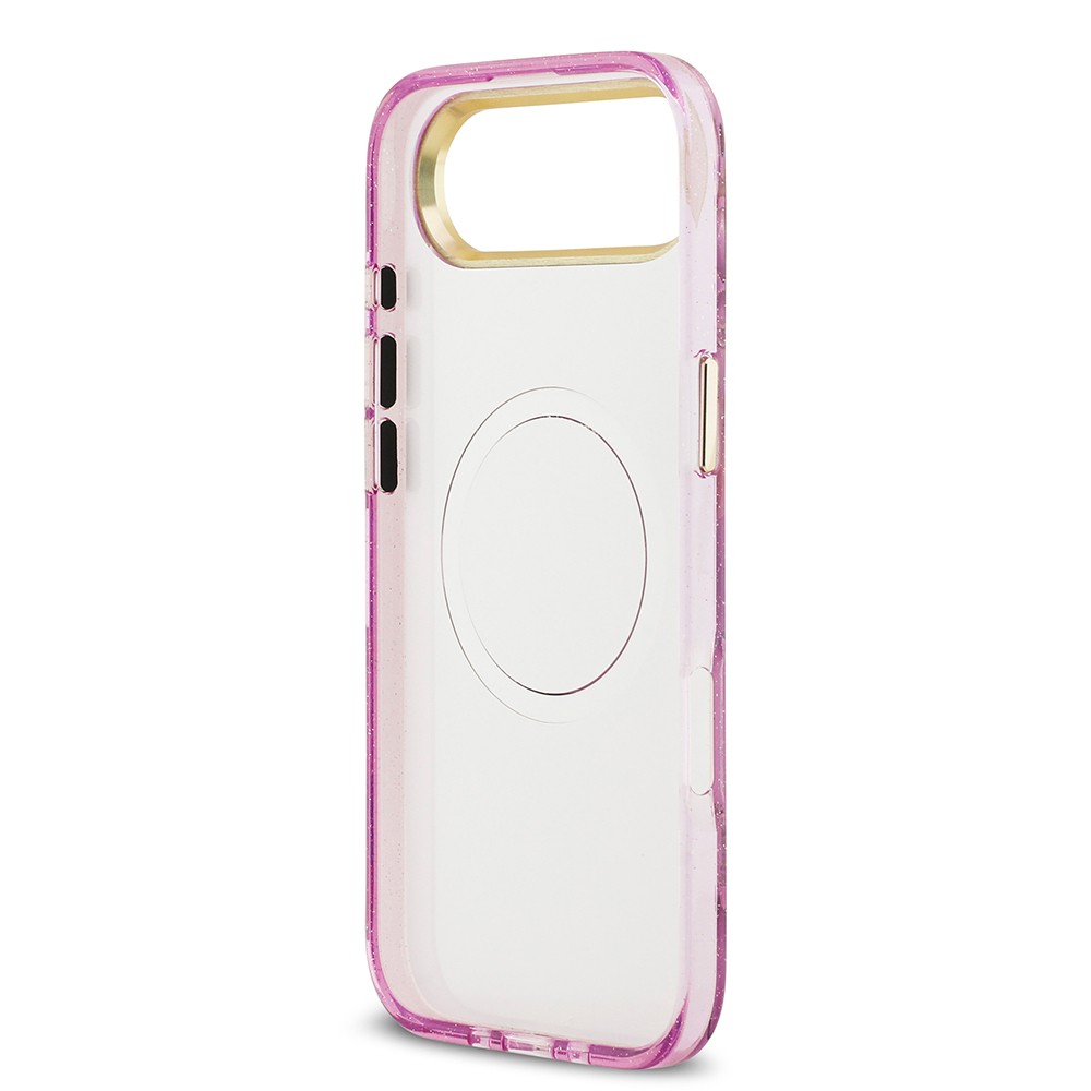 Apple iPhone 17 Air Kılıf Guess Orjinal Lisanslı M-safe Şarj Özellikli Simli Çiçek Desenli Metal Kamera Çerçeveli Üçgen Logolu Kapak
