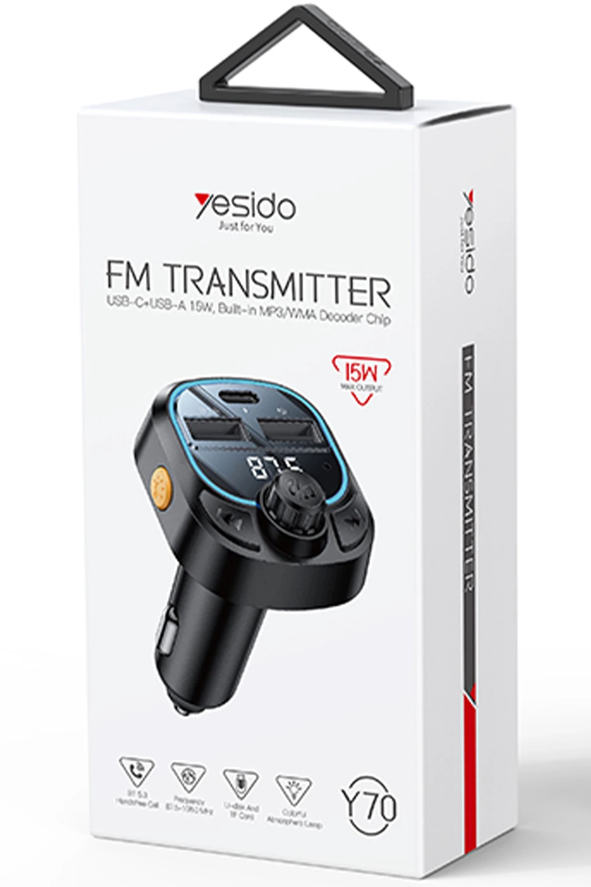 Yesido Y70 RGB 1 Adet 15W Type-C ve 1 Adet 15W USB Çıkışlı BT 5.3 FM Transmitter