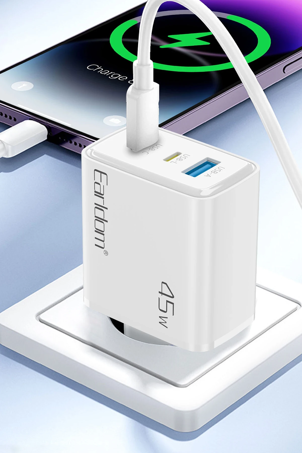 Earldom EU52 Type-C Lightning ve USB Çıkışlı 45W PD Hızlı Şarj Aleti