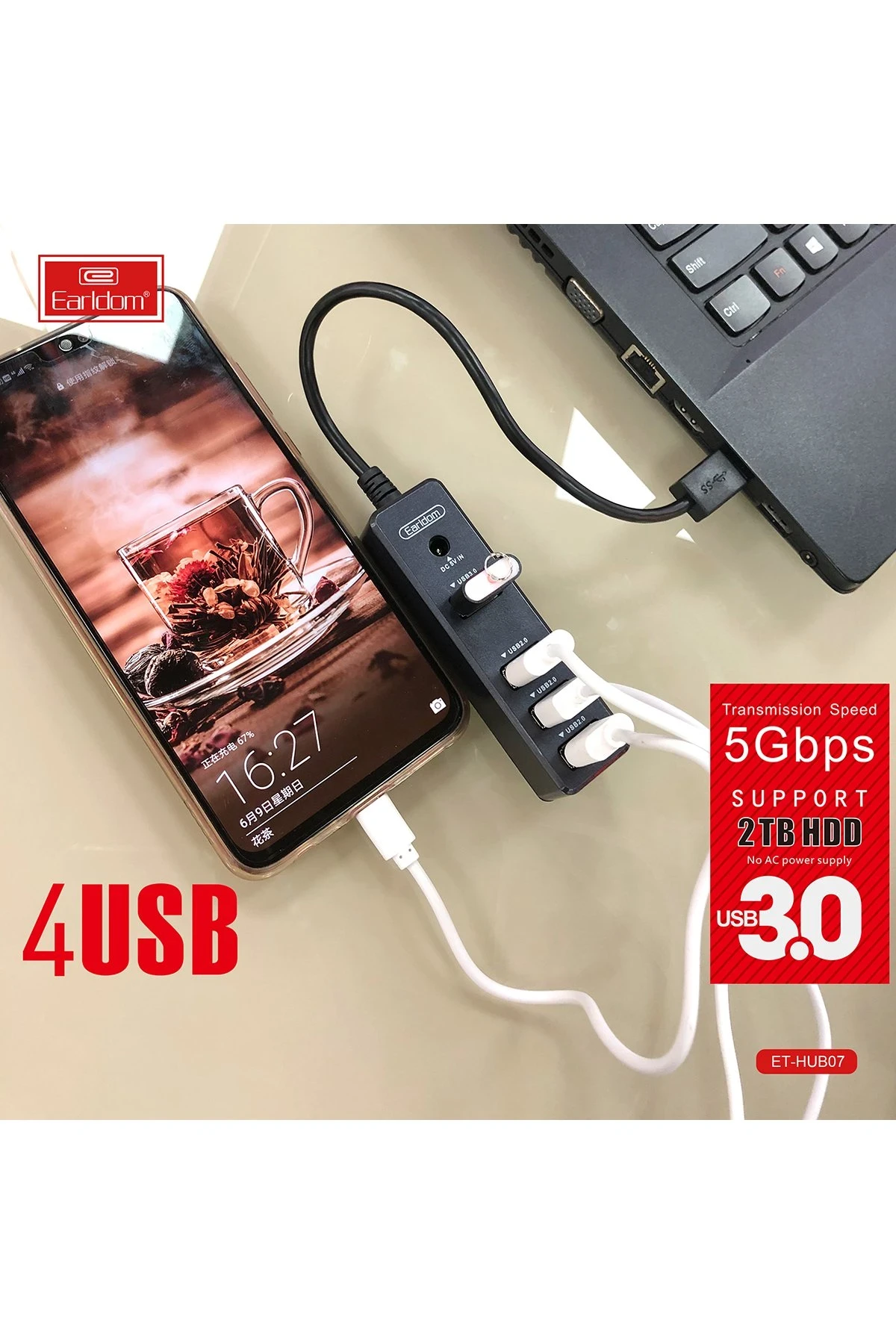 Earldom HUB07 Tak Çalıştır 3 Adet Usb 2.0 ve 1 Adet Usb 3.0 Çıkışlı Usb Çoklayıcı