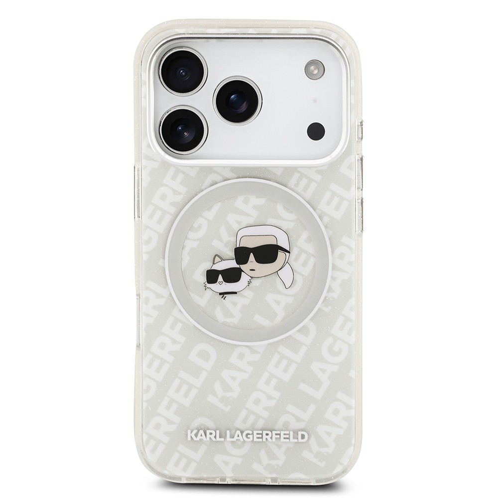 Apple iPhone 17 Pro Max Kılıf Karl Lagerfeld Orjinal Lisanslı Parlayan Simli Karl & Choupette Heads Kapak