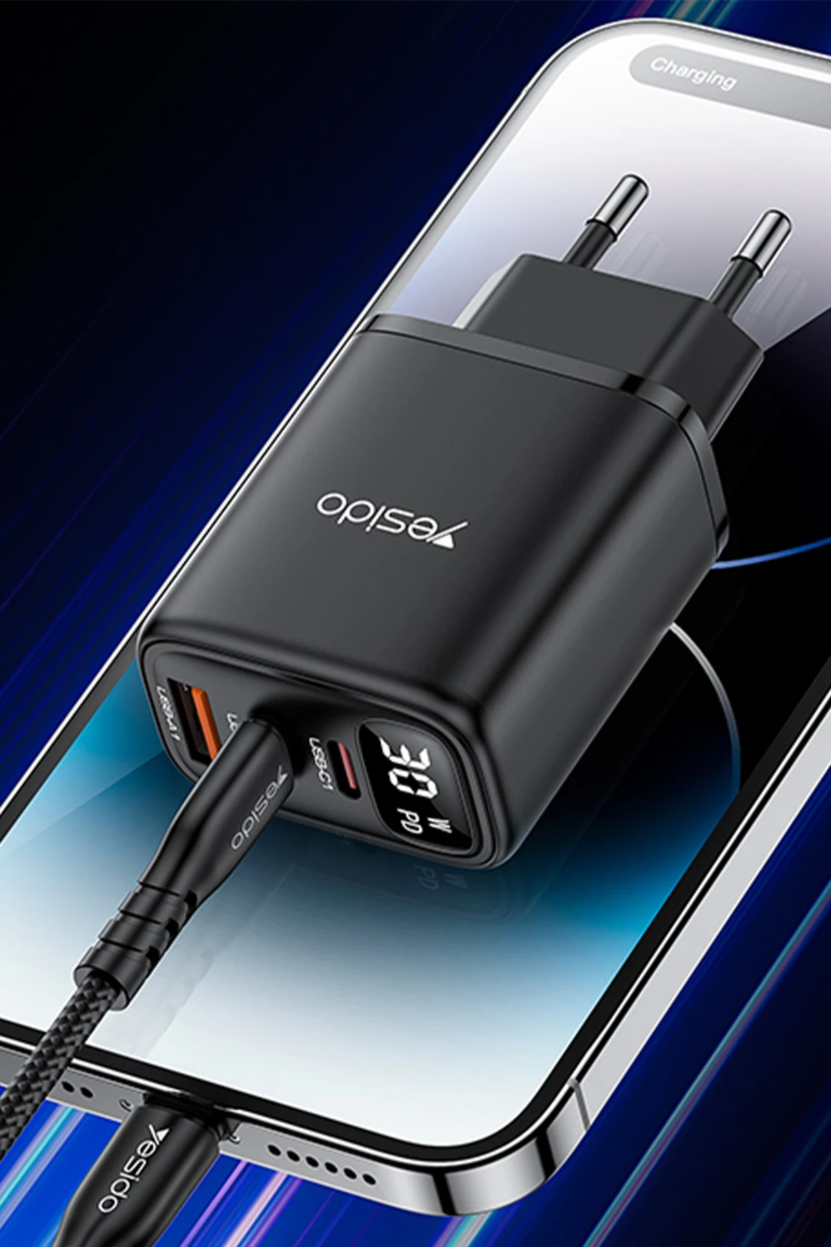 Yesido YC69 Dijital Göstergeli 1 Adet 30W USB ve 2 Adet 30W Type-C Çıkışlı PD Hızlı Şarj Cihazı