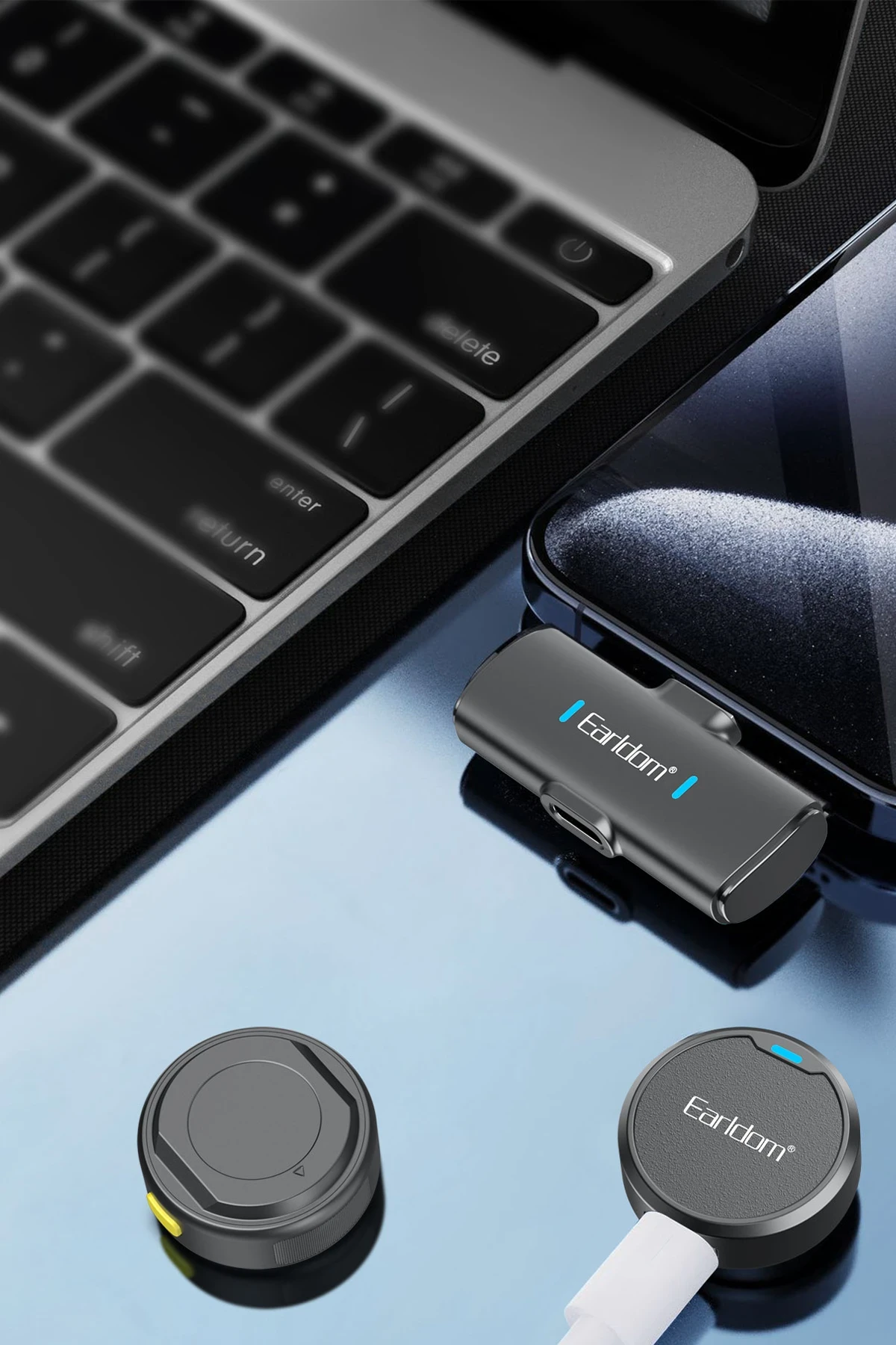 Earldom MC15L Lightning Uçlu Gürültü Engelleme Özellikli 2 Adet Kablosuz Dijital Yaka Mikrofonu