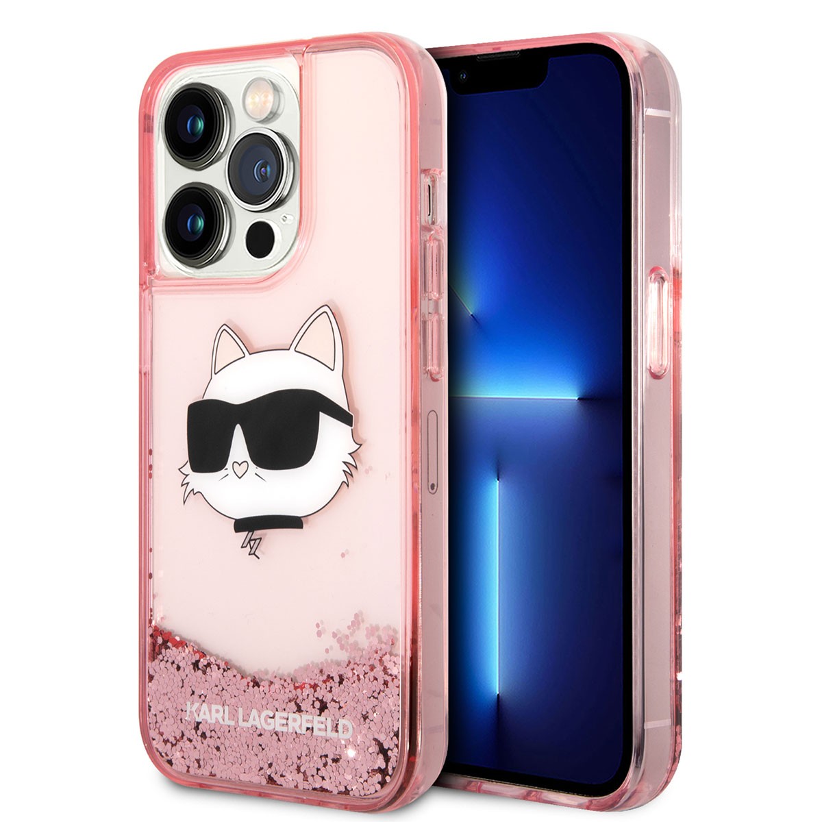 Apple iPhone 14 Pro Max Kılıf Karl Lagerfeld Sıvılı Simli Choupette Head Dizayn Kapak