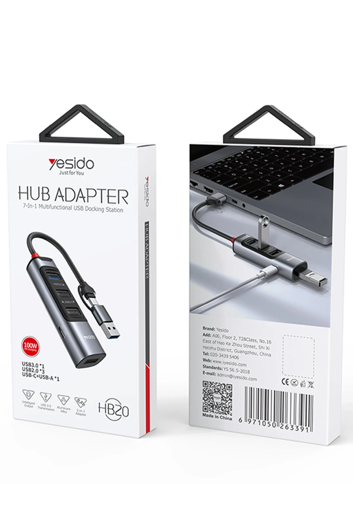 Yesido HB20 5in1 1 Adet USB 3.0 / 2 Adet Usb 2.0 / 1 Adet 100W Type-C Çıkışlı Usb ve Type-C Girişli Hub Dönüştürücü