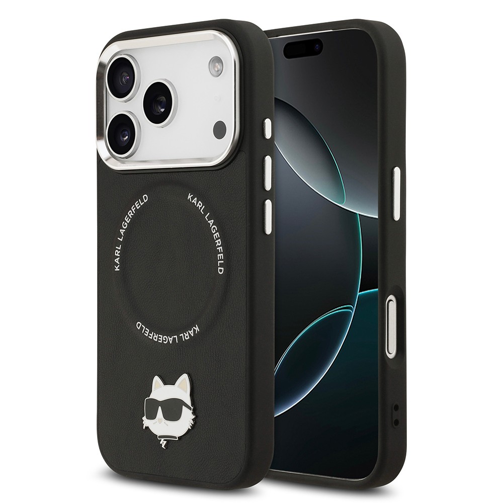 Apple iPhone 17 Pro Max Kılıf Karl Lagerfeld Orjinal Lisanslı M-safe Şarj Özellikli Metal Kamera ve Buton Tasarımlı Choupette PU Deri Kapak