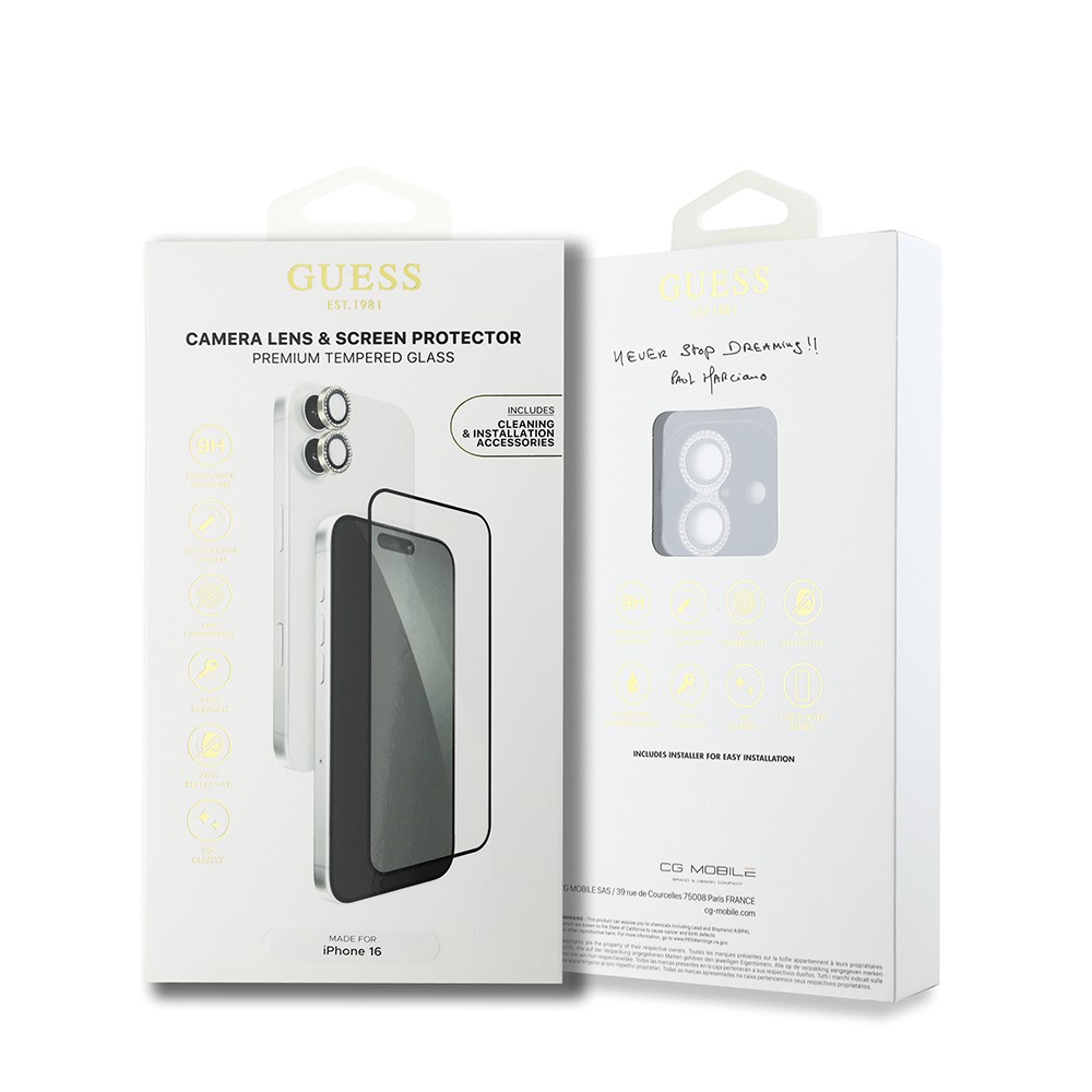 Apple iPhone 16 Guess Orjinal Lisanslı Rhinestone Ekran Koruyucu + Lens Koruyucu 2in1 Aksesuar Seti