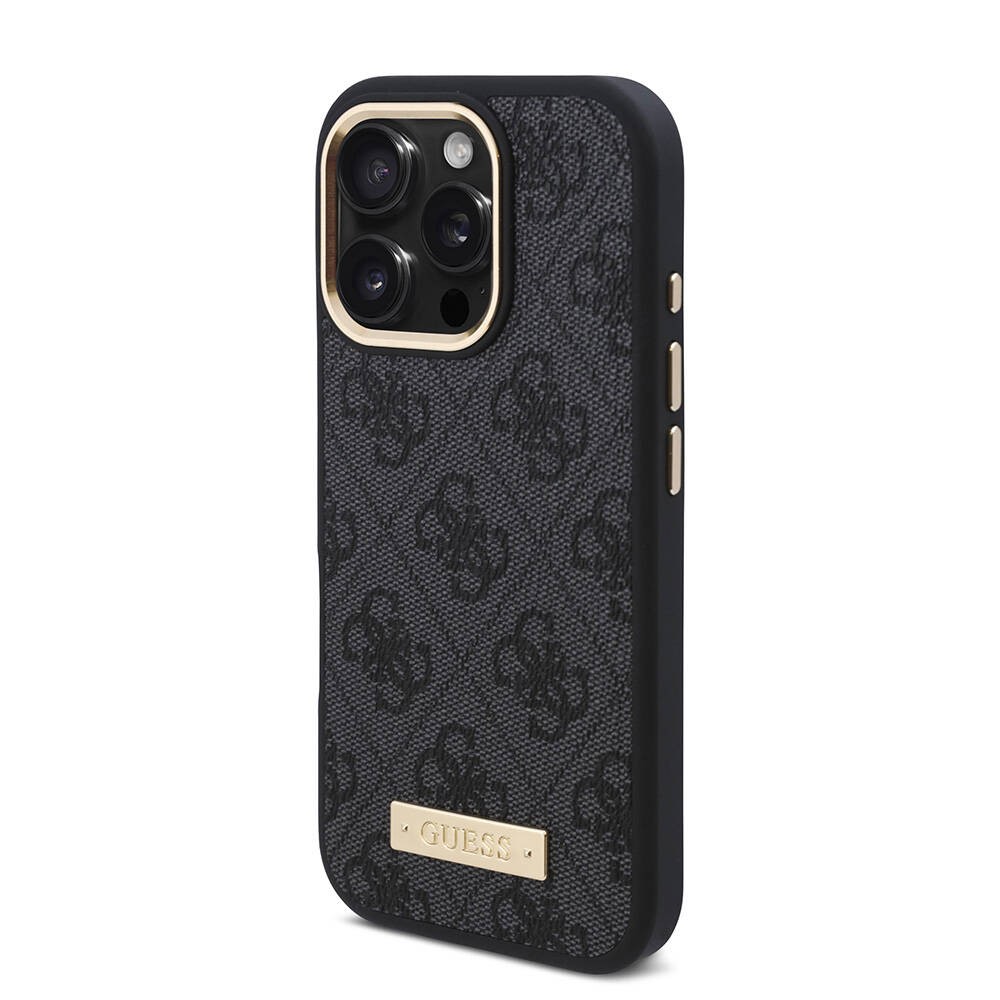 Apple iPhone 16 Pro Kılıf Guess Orjinal Lisanslı M-safe Şarj Özellikli 4G Desenli PU Metal Plaka Klasik Logolu Kapak