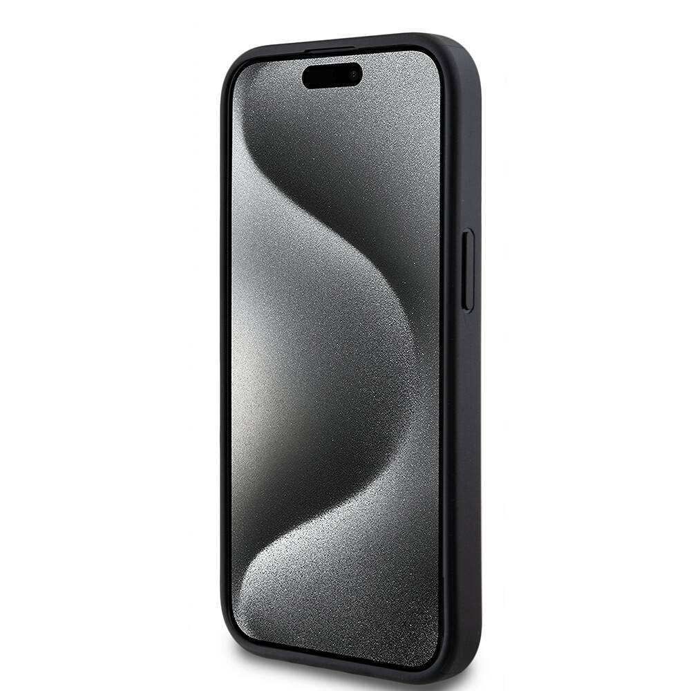 Apple iPhone 14 Kılıf Guess M-safe Şarj Özellikli PU Deri Desenli Metal Plaka Logolu Kapak