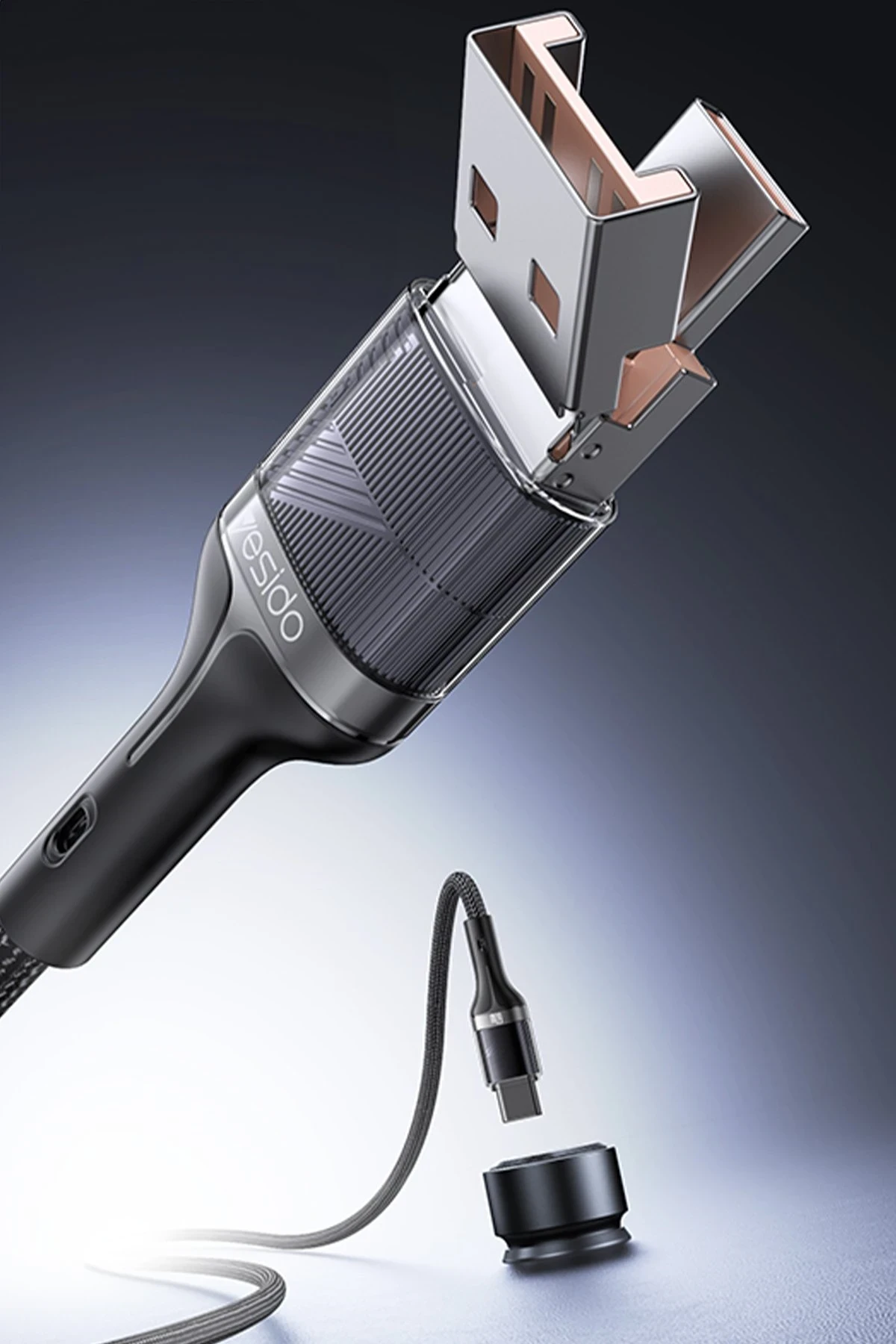 Yesido CA165C 1.2M 2in1 Bir Ucu USB ve Type-C to Type-C PD Hızlı Şarj Kablosu