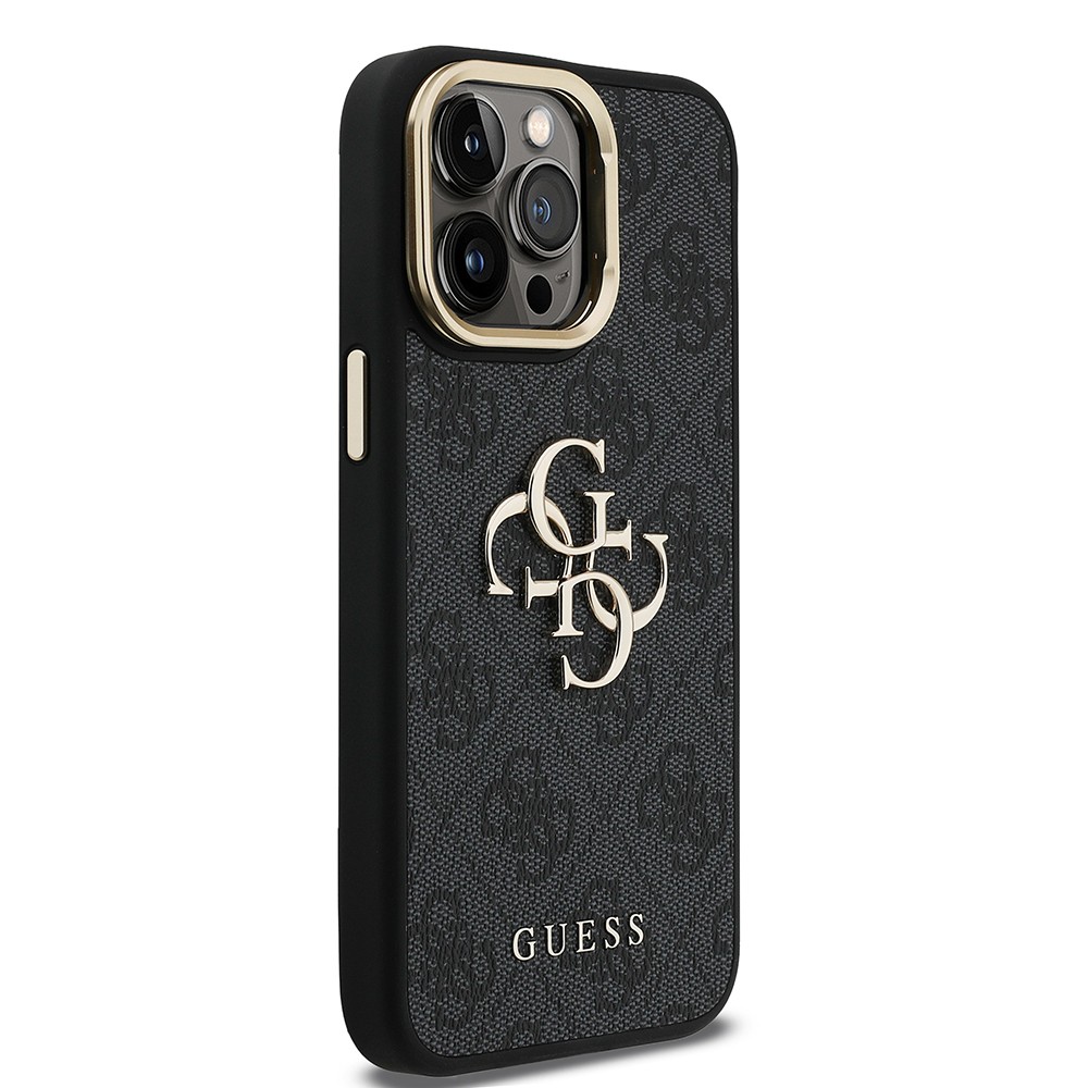 Apple iPhone 14 Pro Max Kılıf Guess Orjinal Lisanslı PU Deri 4G Desenli Metal Büyük 4G ve Yazı Logolu Kamera Standlı Kapak