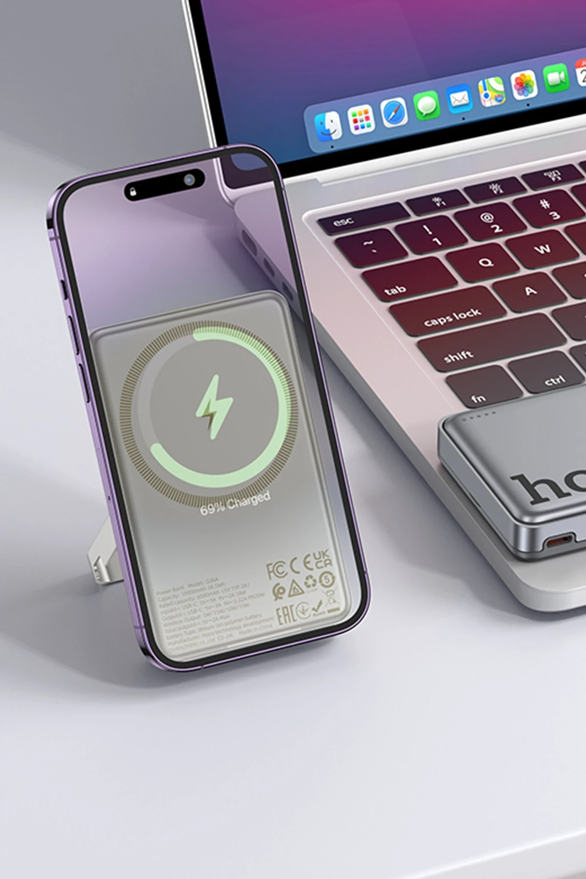 Hoco. Q36A Sunlight 10.000 mAh 20W Type-C ve 10W Kablosuz Şarj PD Magsafe Standlı Powerbank