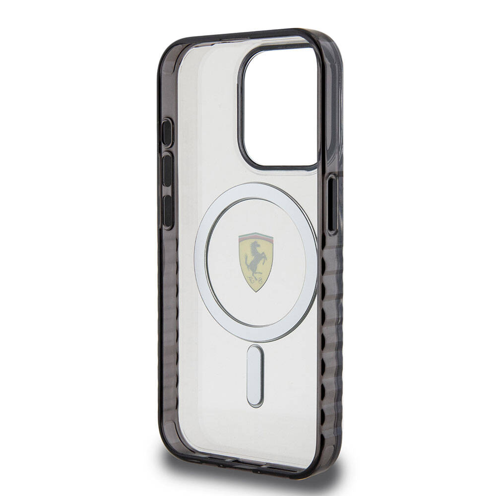 Apple iPhone 15 Pro Kılıf Ferrari Orjinal Lisanslı M-safe Şarj Özellikli Tırtıklı Kenar Tasarımlı Ortalanmış Logo Kapak