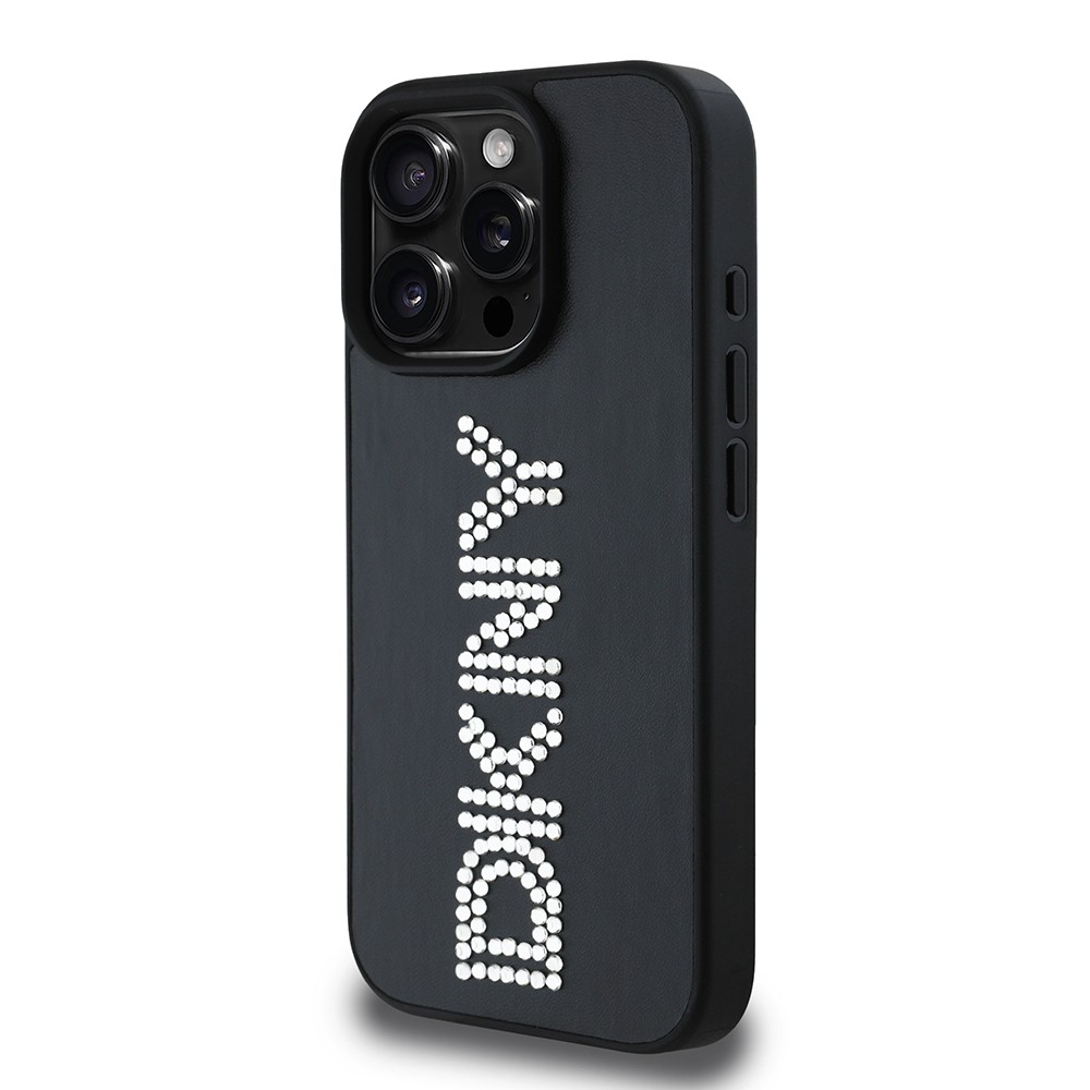 Apple iPhone 15 Pro Max Kılıf DKNY Orjinal Lisanslı Taşlı DKNY Yazılı Metalik Rhinestones PU Deri Kapak