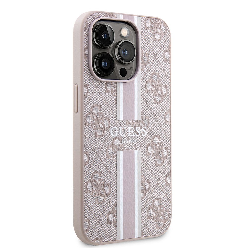 Apple iPhone 15 Pro Kılıf Guess Orjinal Lisanslı M-safe Şarj Özellikli 4G Şerit Tasarımlı Printed Kapak