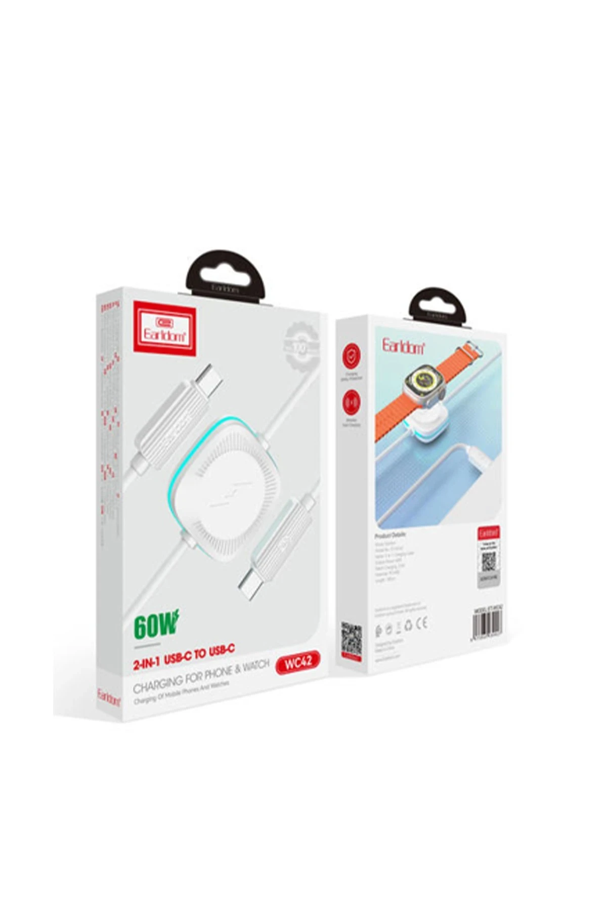 Earldom WC42 1.2M 60W Type-C to Type-C ve 2.5W Kablosuz Saat Şarj Çıkışlı 2in1 PD Hızlı Şarj Kablosu
