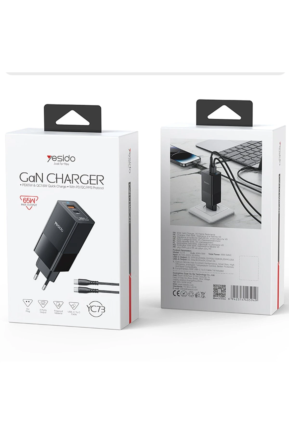 Yesido YC73 1 Adet 65W Type-C / 1 Adet 18W USB Çıkışlı Ekstra 1M Type-C to Type-C Kablolu GAN Hızlı Şarj Cihazı