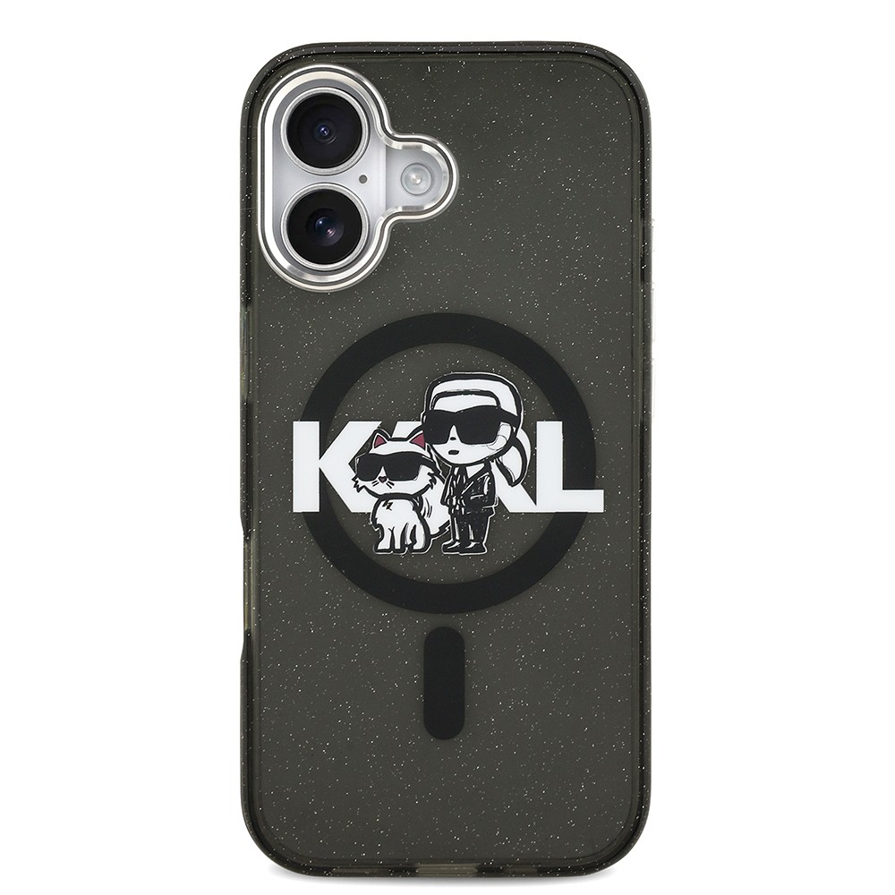 Apple iPhone 17 Kılıf Karl Lagerfeld Orjinal Lisanslı Parlayan Simli Karl & Choupette Sketch Logo Kapak
