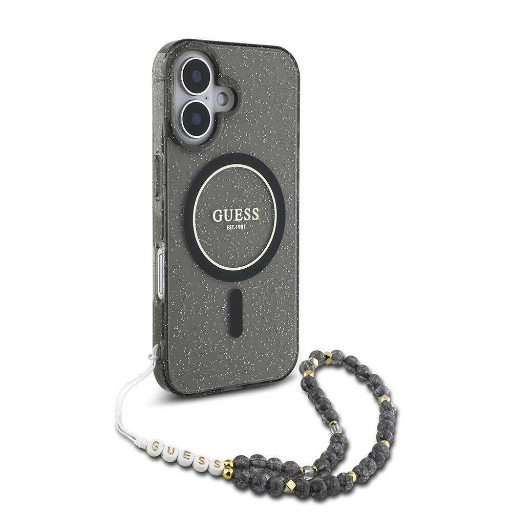 Apple iPhone 16 Kılıf Guess Orjinal Lisanslı M-safe Şarj Özellikli Simli Silikon İnci Bileklikli Kapak
