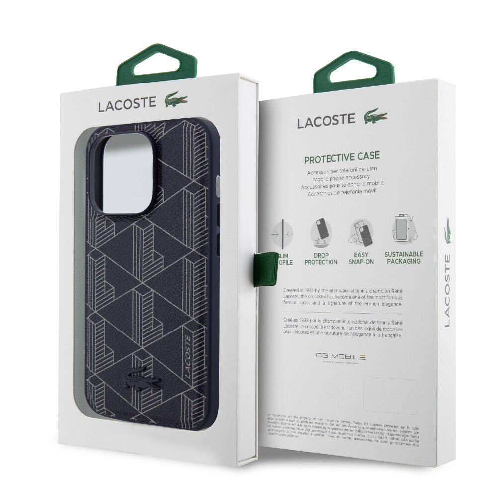 Apple iPhone 15 Pro Max Kılıf Lacoste Orjinal Lisanslı M-safe Şarj Özellikli PU Deri Görünümlü Karışık Monogram Desenli Kapak