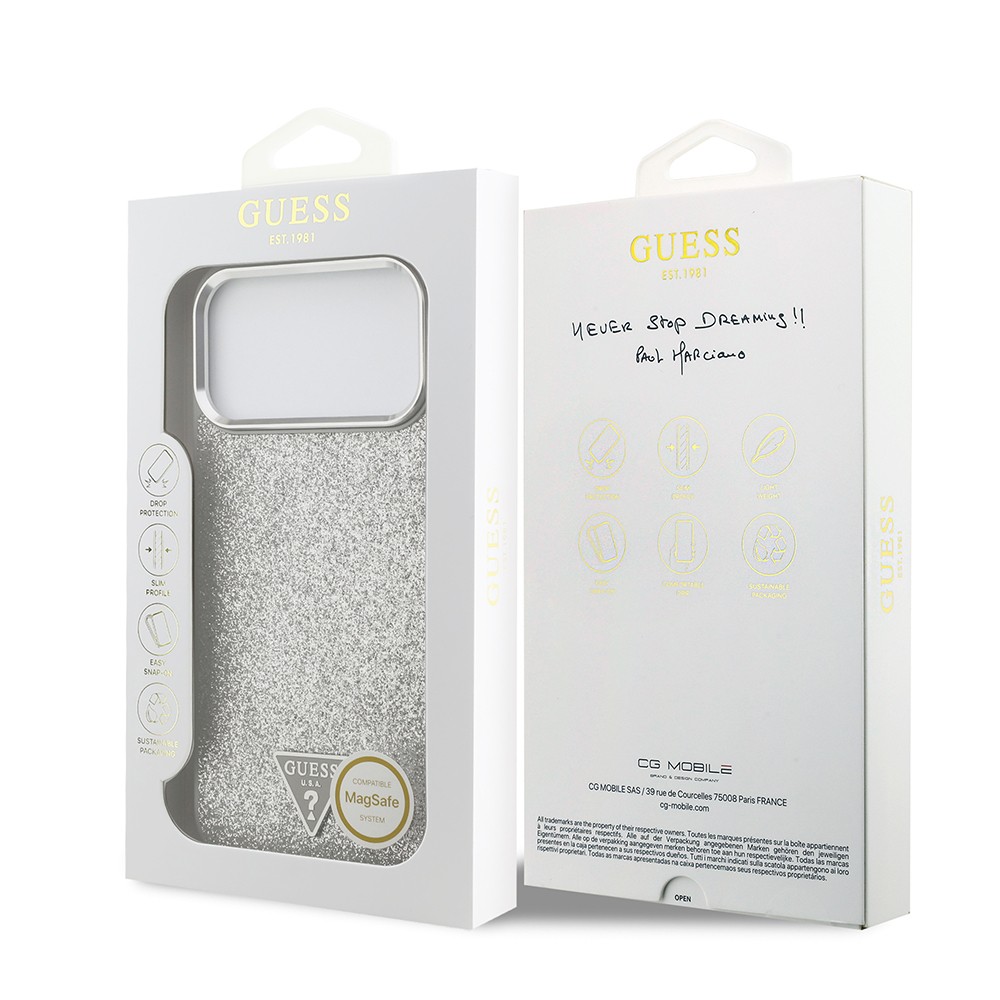 Apple iPhone 17 Pro Max Kılıf Guess Orjinal Lisanslı M-safe Şarj Özellikli Metal Kamera Çerçeveli Üçgen Logolu Glitter Kapak