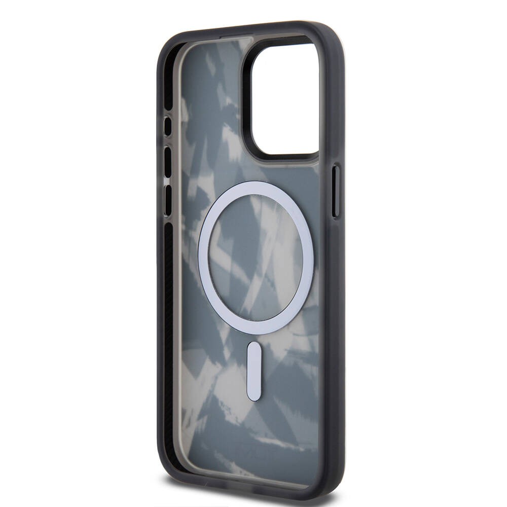 Apple iPhone 15 Pro Max Kılıf TUMI Orjinal Lisanslı M-safe Şarj Özellikli Buzlanmış Saydam Fırça Kamuflajı Desenli Kapak