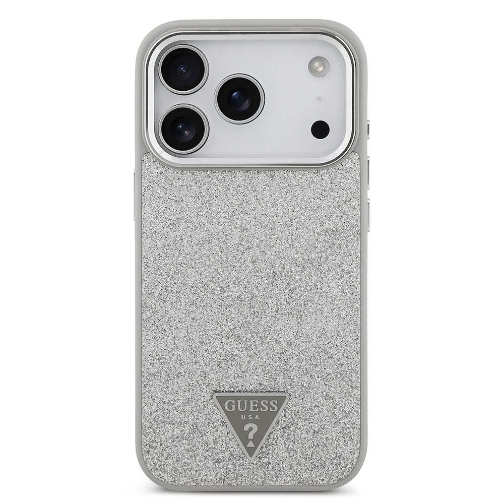 Apple iPhone 17 Pro Kılıf Guess Orjinal Lisanslı M-safe Şarj Özellikli Metal Kamera Çerçeveli Üçgen Logolu Glitter Kapak