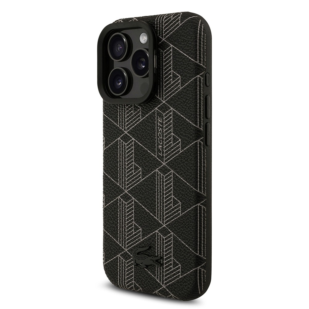 Apple iPhone 16 Pro Max Kılıf Lacoste Orjinal Lisanslı M-safe Şarj Özellikli Standlı PU Deri Karışık Monogram Desenli Kapak