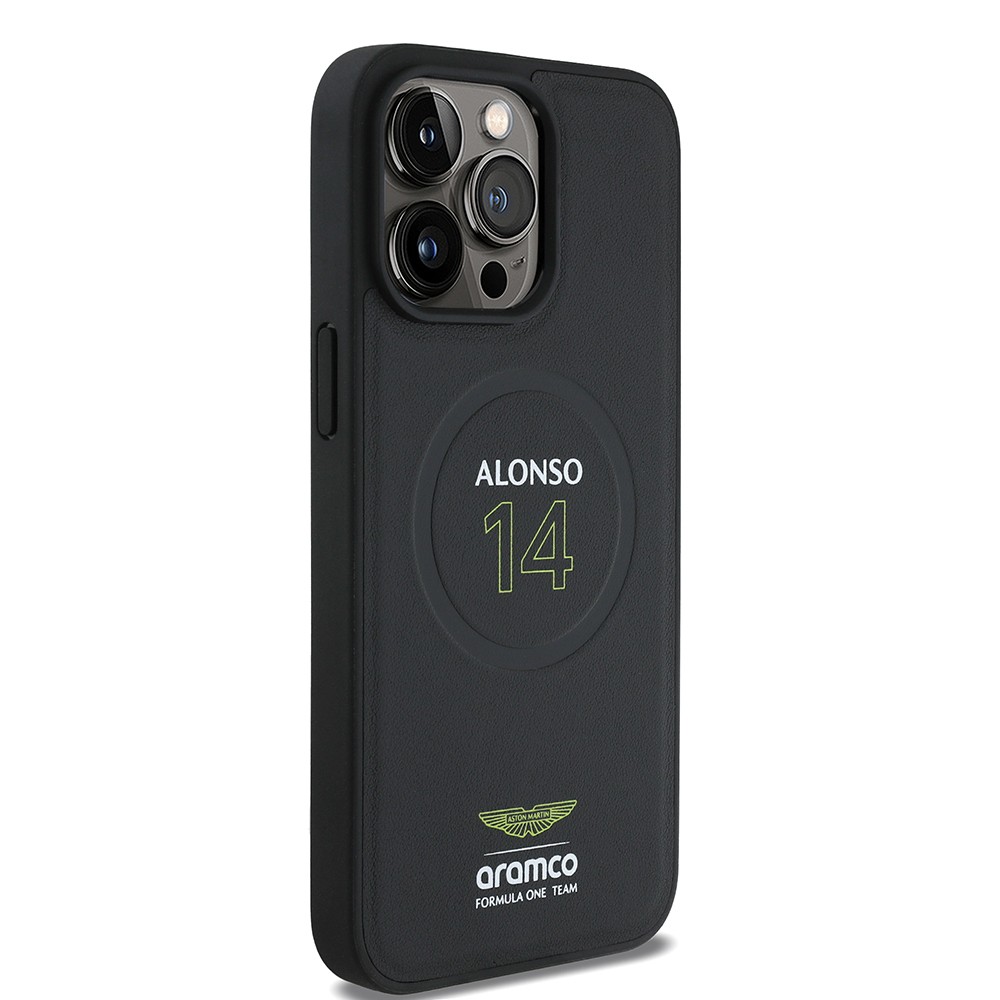 Apple iPhone 15 Pro Max Kılıf Aston Martin Orjinal Lisanslı M-safe Şarj Özellikli PU Deri Alonso 14 Baskılı Kapak