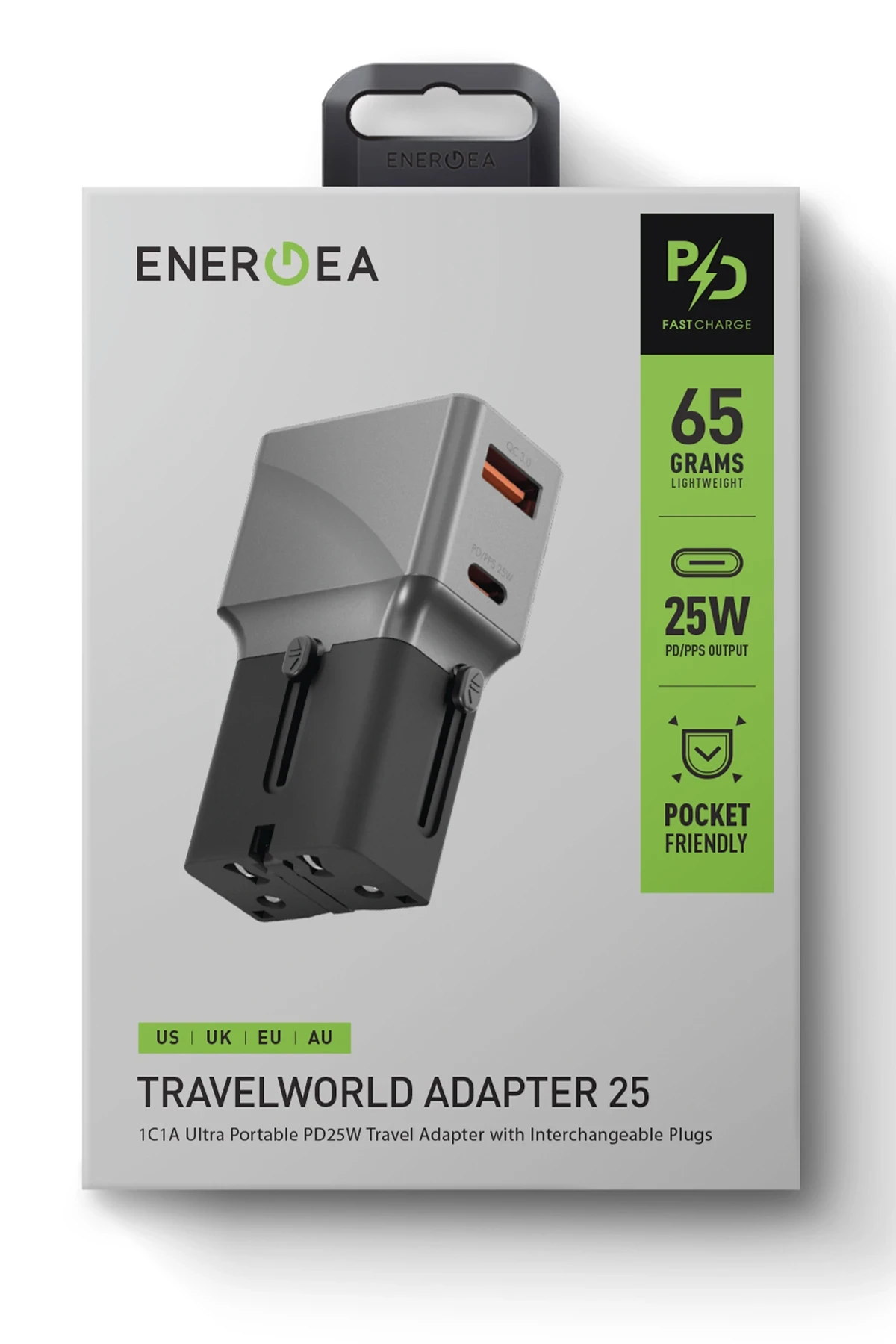 Energea TravelWorld Universal 1 Adet 25W Type-C ve 1 Adet 18W USB 3.0 Çıkışlı Hızlı Şarj Aleti