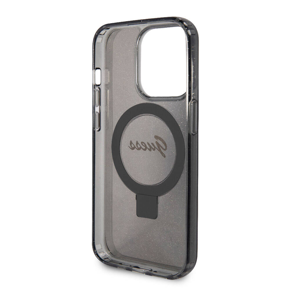 Apple iPhone 15 Pro Kılıf Guess Orjinal Lisanslı M-safe Şarj Özellikli Simli Arka Yüzey Ring Standlı Kapak