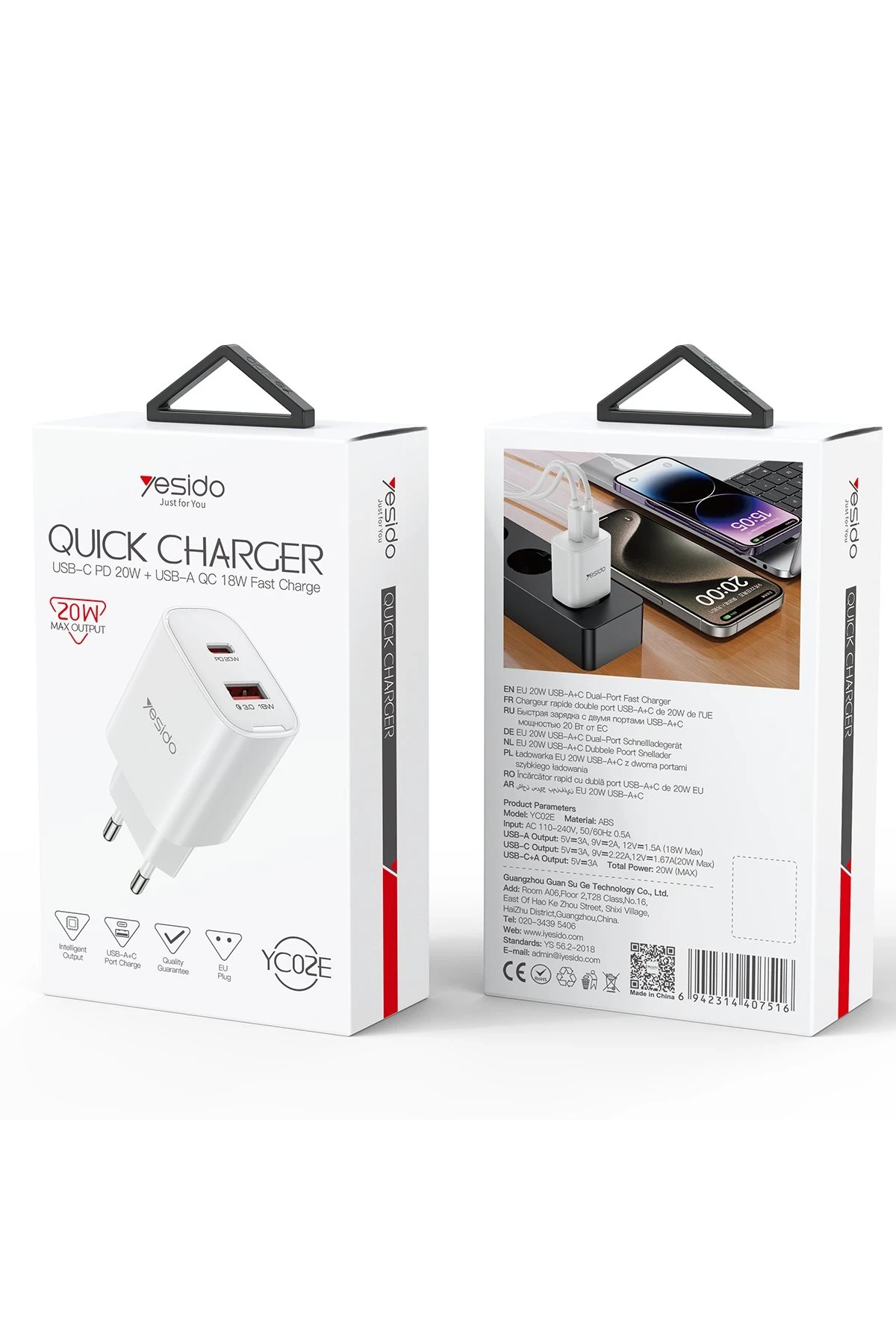 Yesido YC02E 20W Type-C ve 18W QC 3.0 USB Çıkışlı PD Hızlı Şarj Cihazı