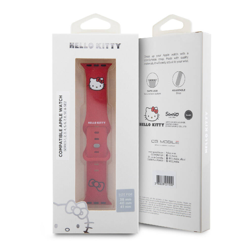 Apple Watch 7 41mm Hello Kitty Orjinal Lisanslı Yazı Logolu Fiyonk & Kitty Head Silikon Kordon