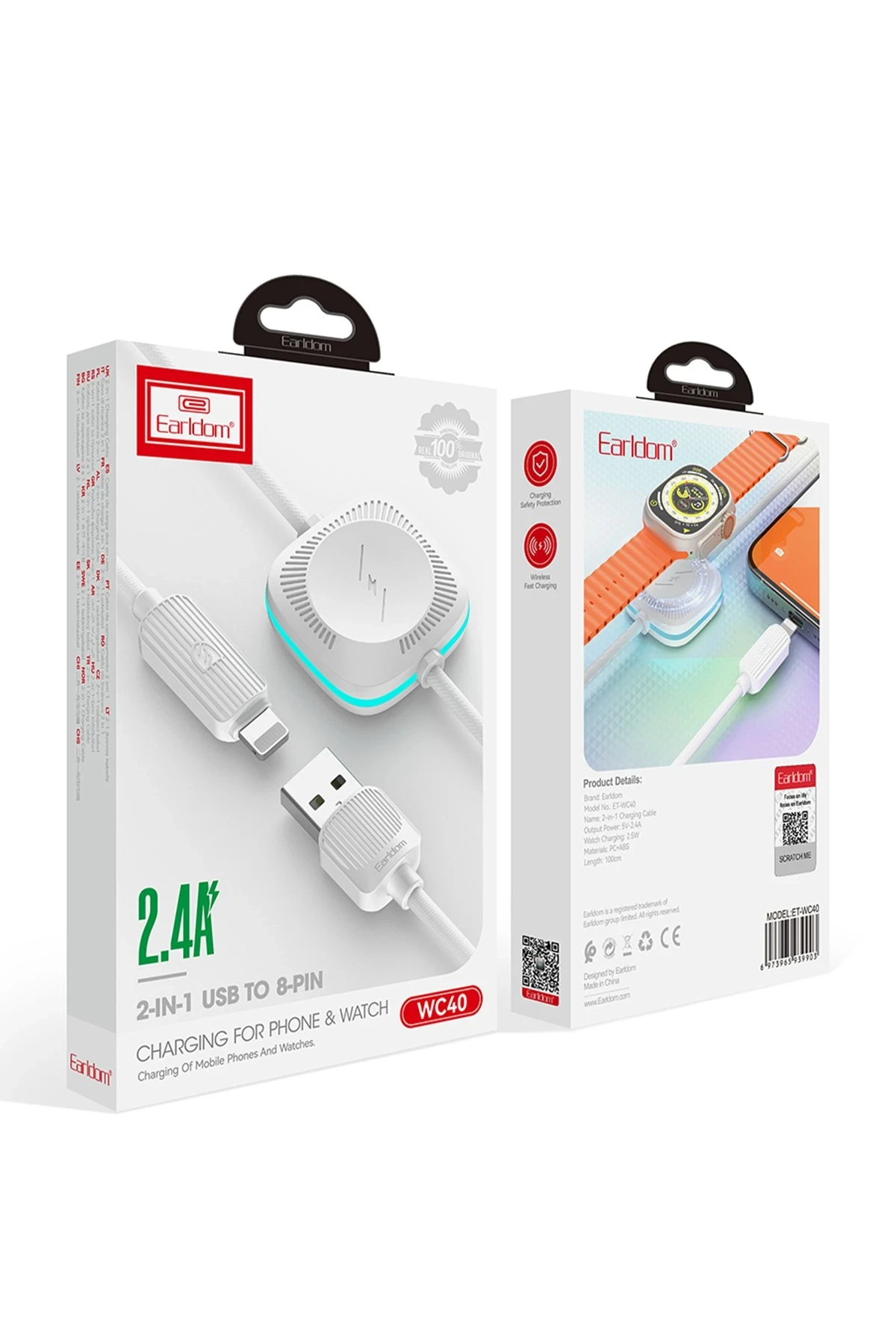 Earldom WC40 1.2M 12W Usb to Lightning ve 2.5W Kablosuz Saat Şarj Çıkışlı 2in1 Hızlı Şarj Kablosu
