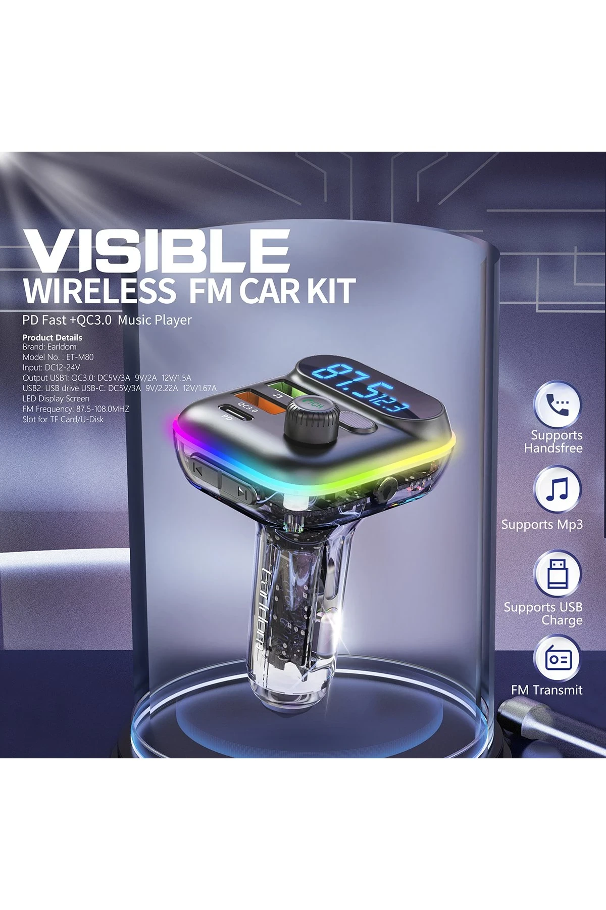 Earldom M80 Bluetooth USB3.0 ve Type C PD Hızlı Şarj FM Transmitter