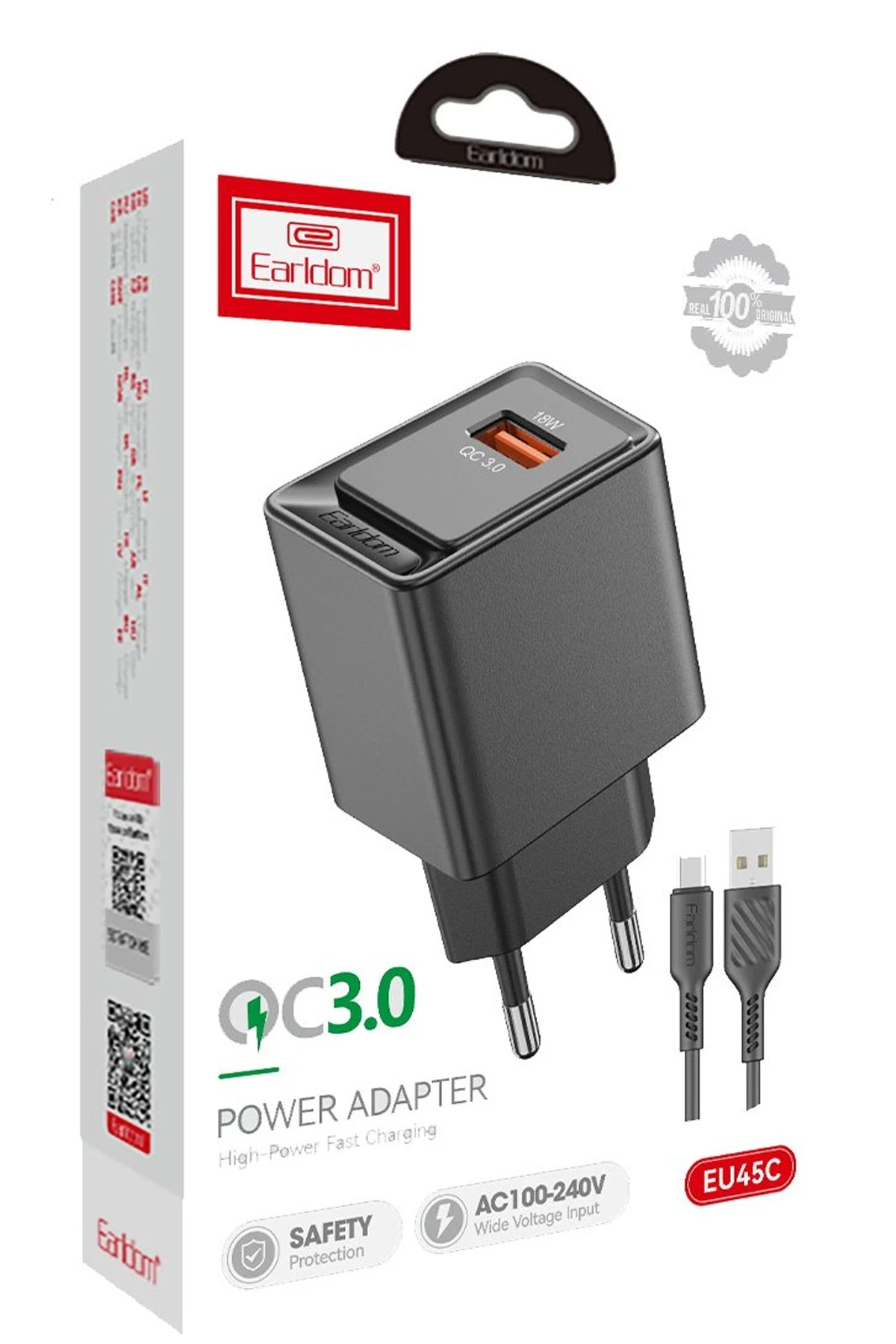 Earldom EU45 18W USB QC 3.0 Çıkışlı ve USB to Type-C Kablolu PD Hızlı Şarj Cihazı