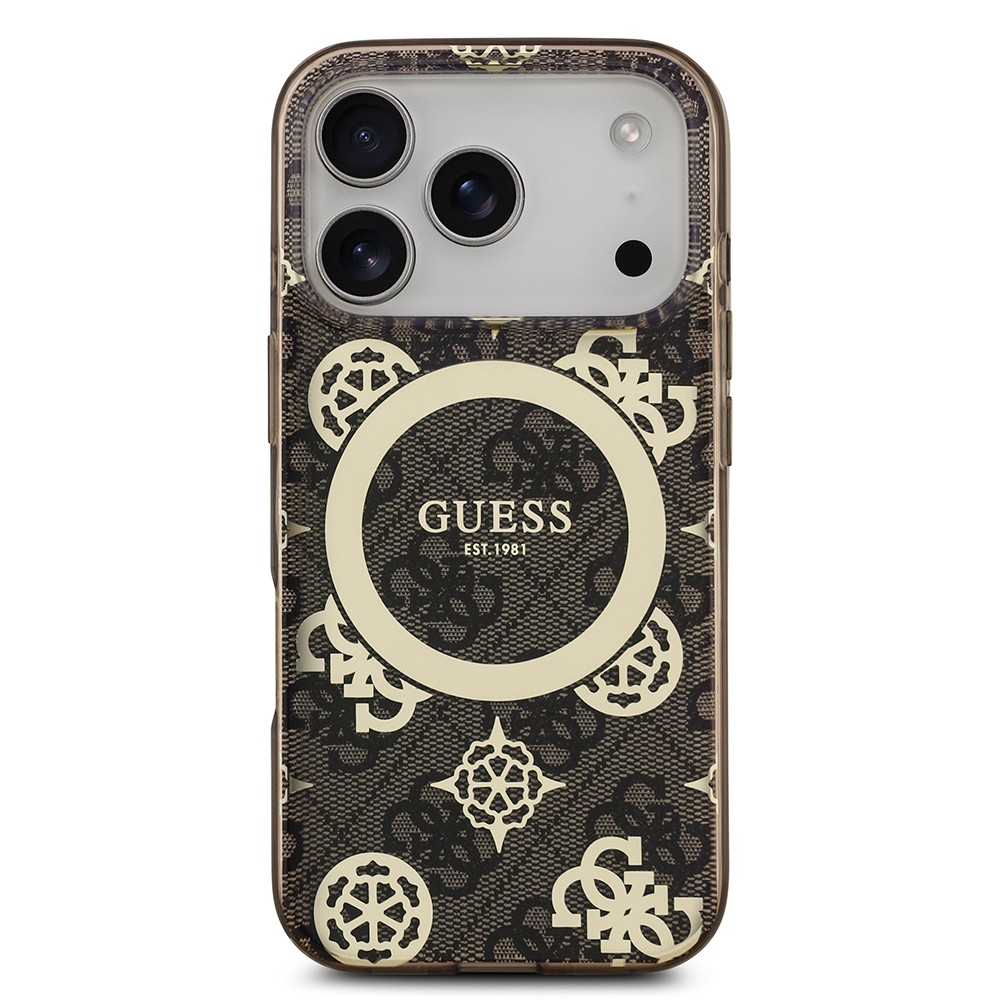 Apple iPhone 17 Pro Kılıf Guess Orjinal Lisanslı M-safe Şarj Özellikli IML Peony ve 4G Desenli Klasik Logolu Kapak