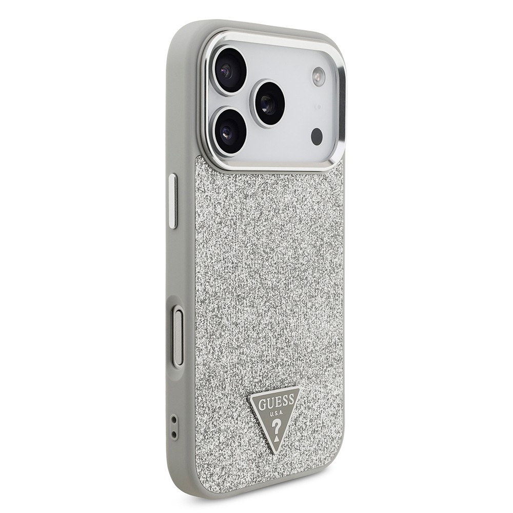 Apple iPhone 17 Pro Kılıf Guess Orjinal Lisanslı M-safe Şarj Özellikli Metal Kamera Çerçeveli Üçgen Logolu Glitter Kapak