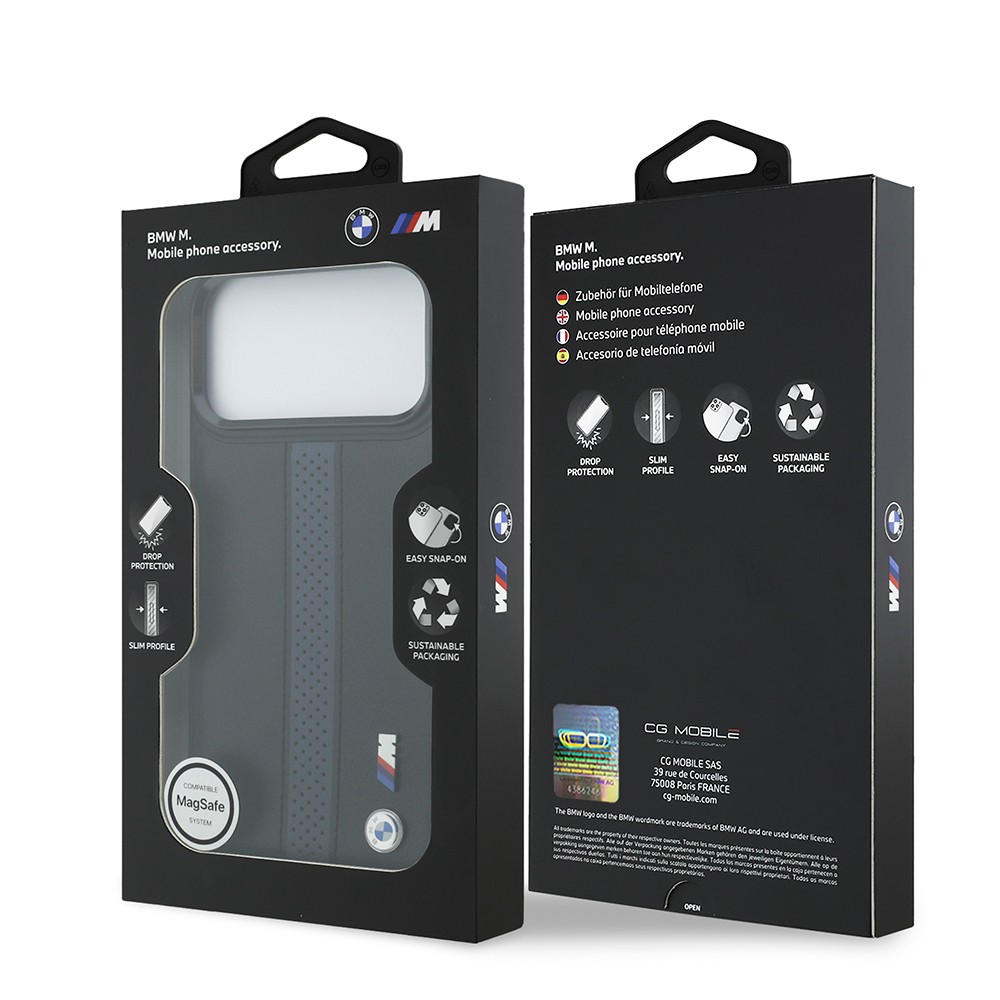 Apple iPhone 17 Pro Max Kılıf BMW Orjinal Lisanslı M-safe Şarj Özellikli Deri Arka Yüzey Metal Logolu Delikli Şerit Tasarımlı Kapak