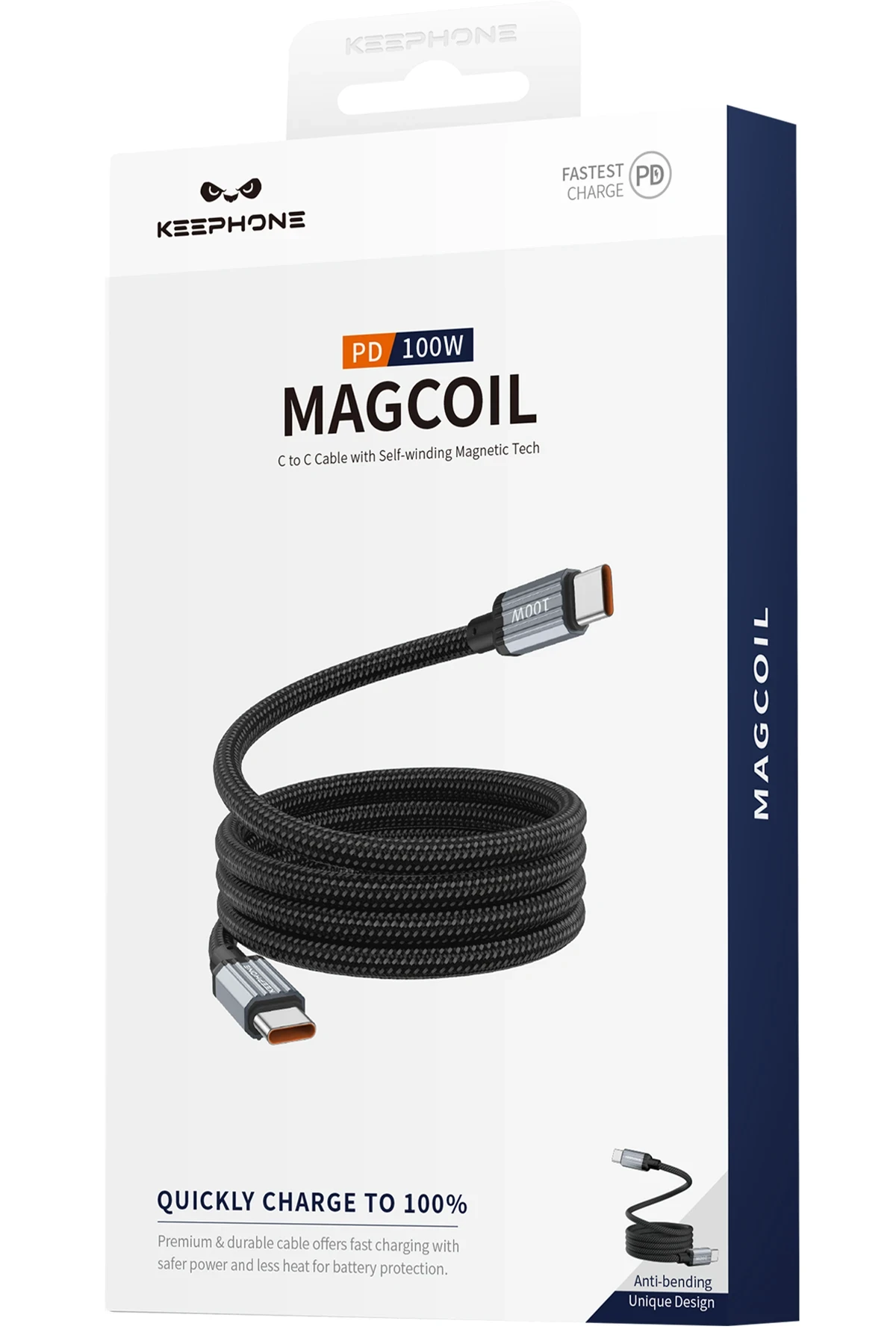 Keephone Magcoil 1M 100W Örgülü Type-C to Type-C Mıknatıslı PD Hızlı Şarj Data Kablosu